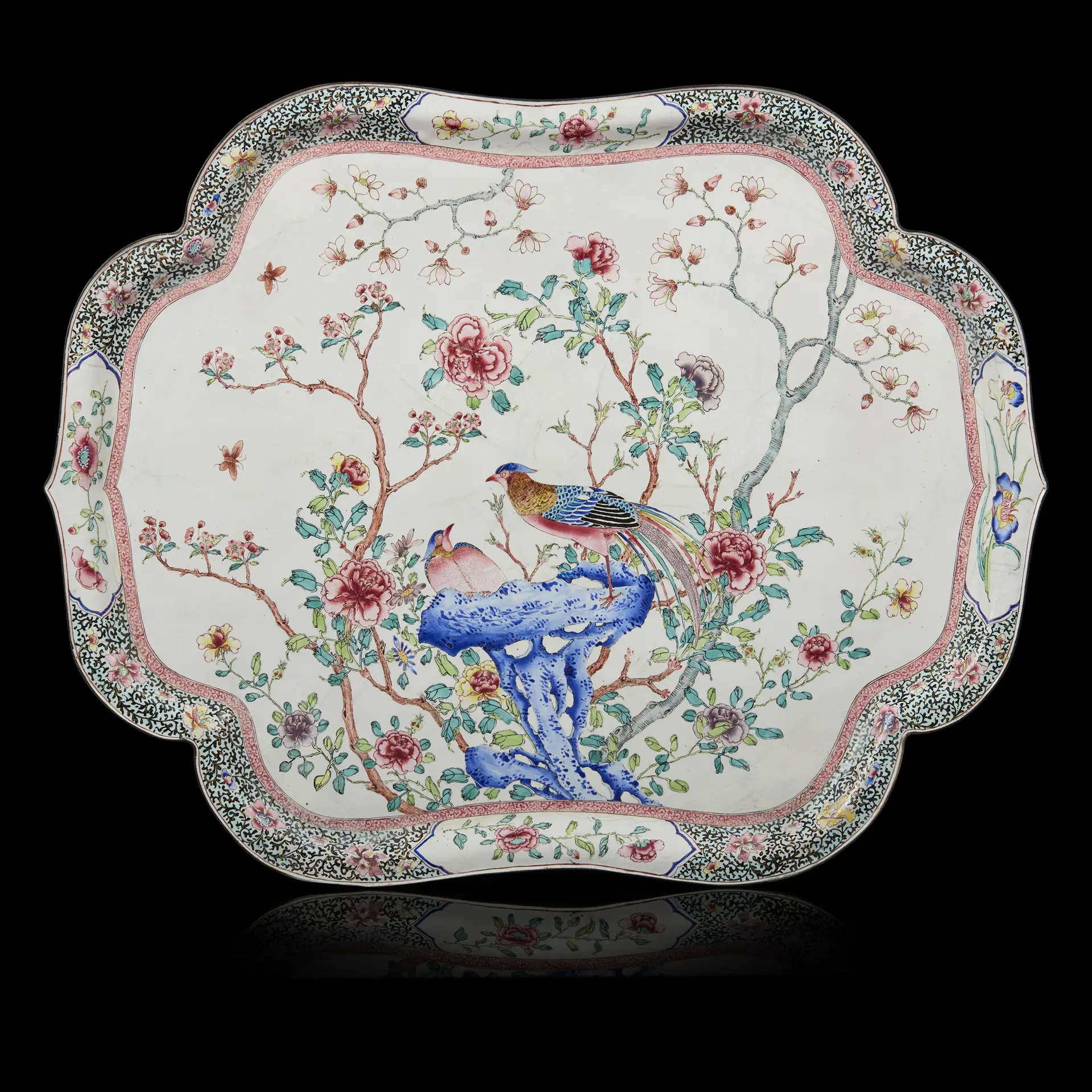 MASSIVE CANTON PAINTED ENAMEL 'DOUBLE PHEASANTS' FOLIATE TRAY