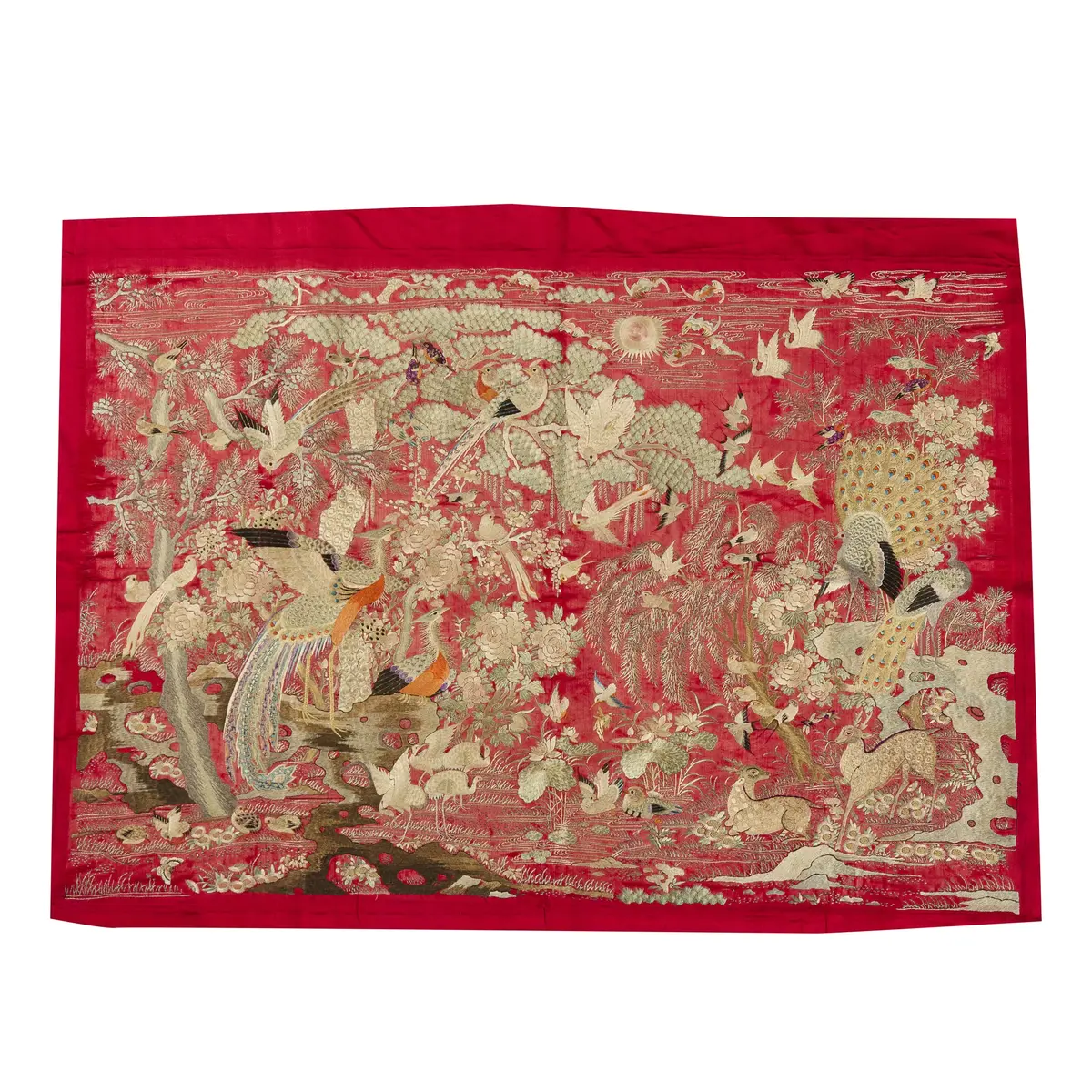 CANTON RED-GROUND SILK EMBROIDERED 'ONE HUNDRED BIRDS' PANEL