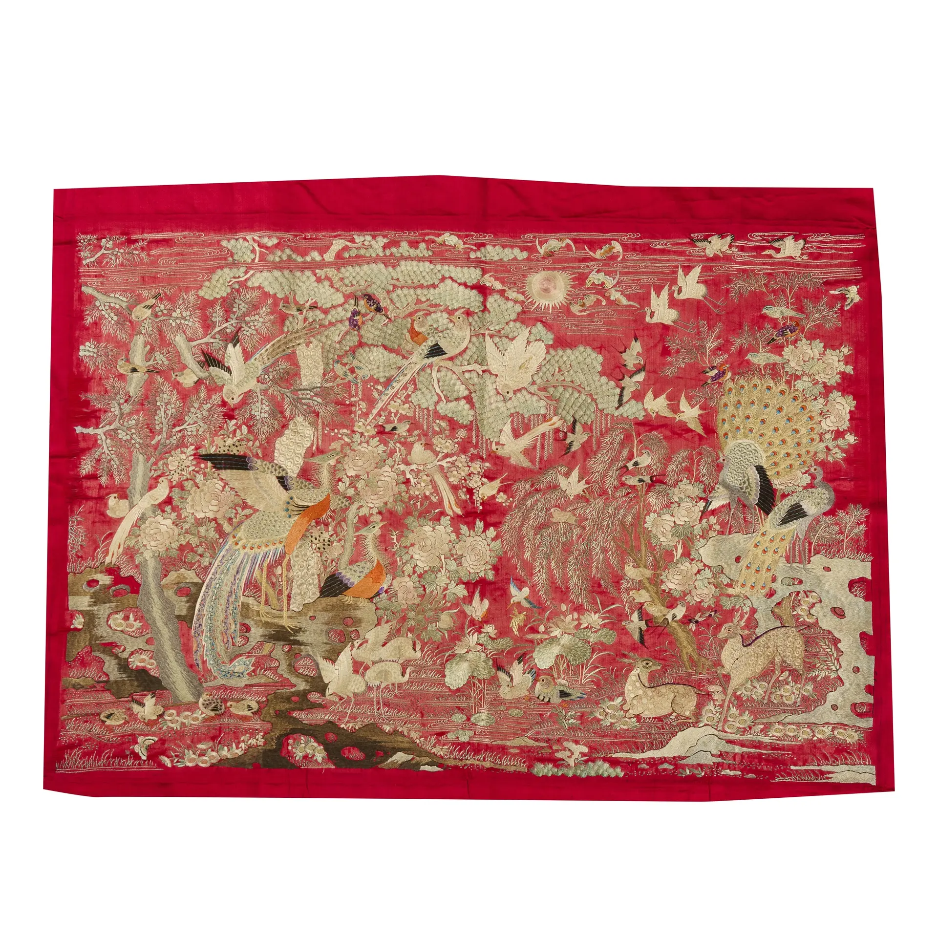 CANTON RED-GROUND SILK EMBROIDERED 'ONE HUNDRED BIRDS' PANEL