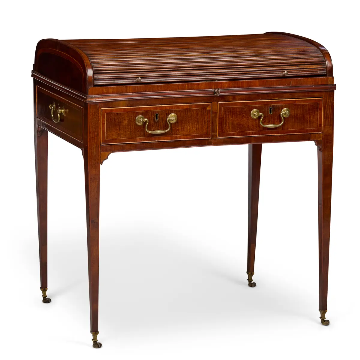 LATE GEORGE III MAHOGANY TAMBOUR TOP DESK, AFTER A DESIGN BY THOMAS SHEARER