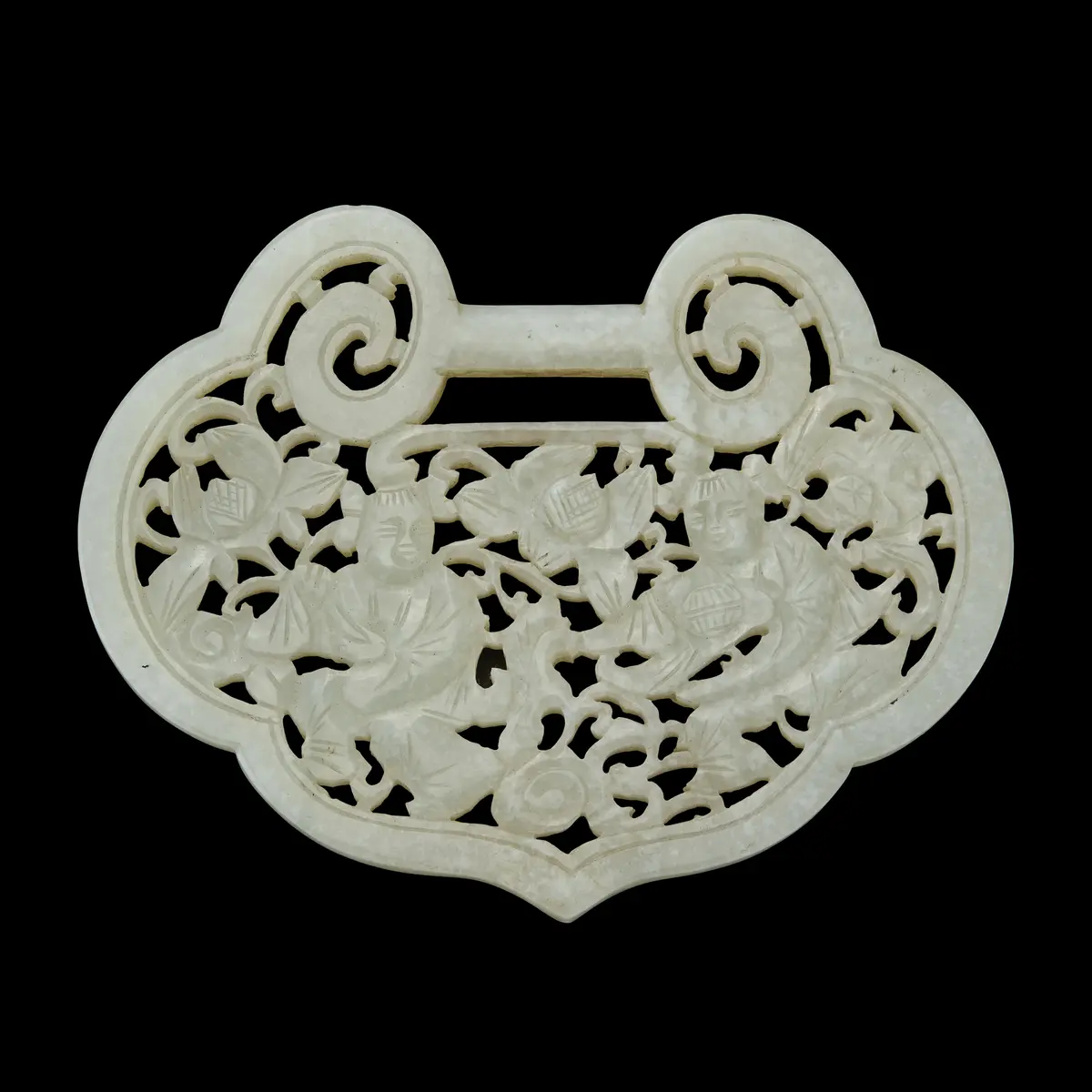 CHINESE RETICULATED WHITE JADE 'HEHE TWINS' RUYI-FORM PENDANT
