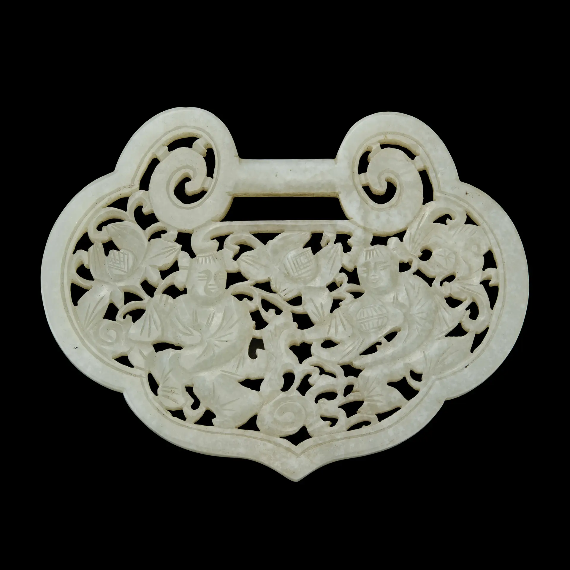 CHINESE RETICULATED WHITE JADE 'HEHE TWINS' RUYI-FORM PENDANT