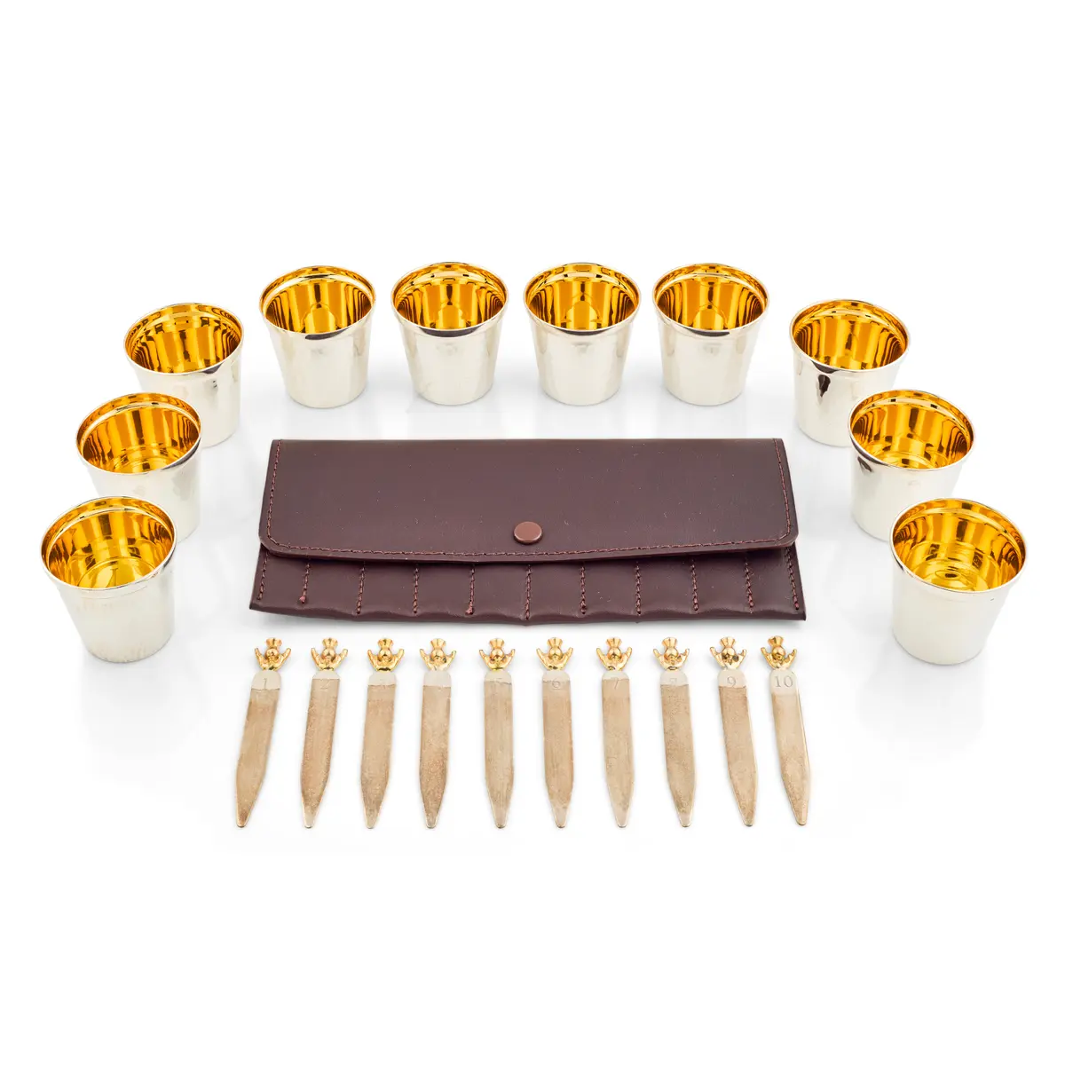 SET OF TEN CONTEMPORARY SILVER TOT CUPS AND CASED PEG MARKERS