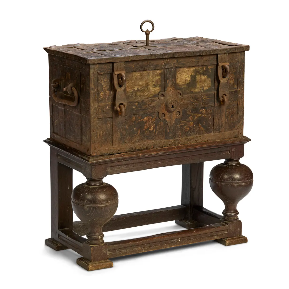 STEEL AND CAST IRON ARMADA CHEST ON LATER STAND