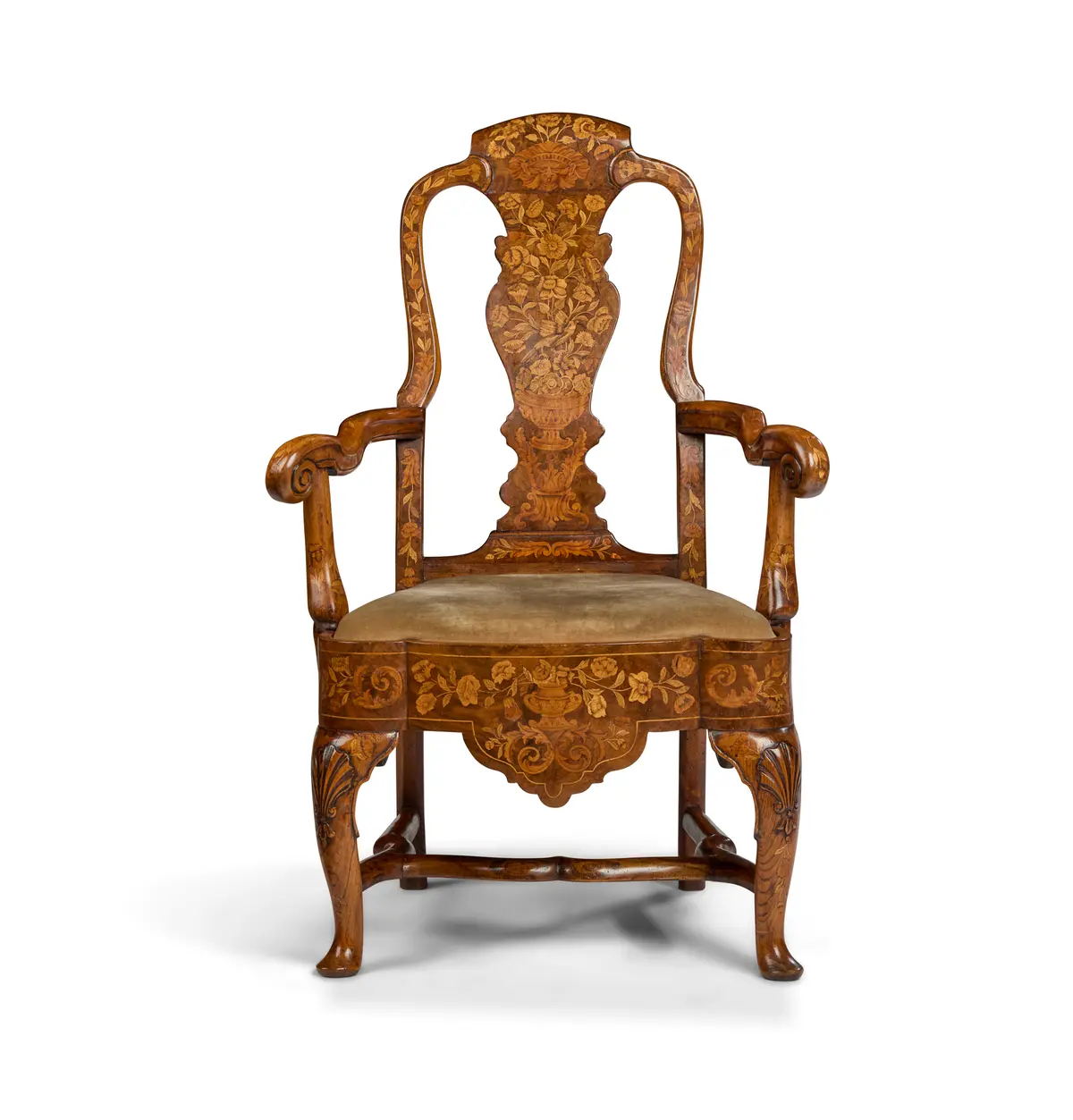 DUTCH WALNUT AND FRUITWOOD MARQUETRY ARMCHAIR