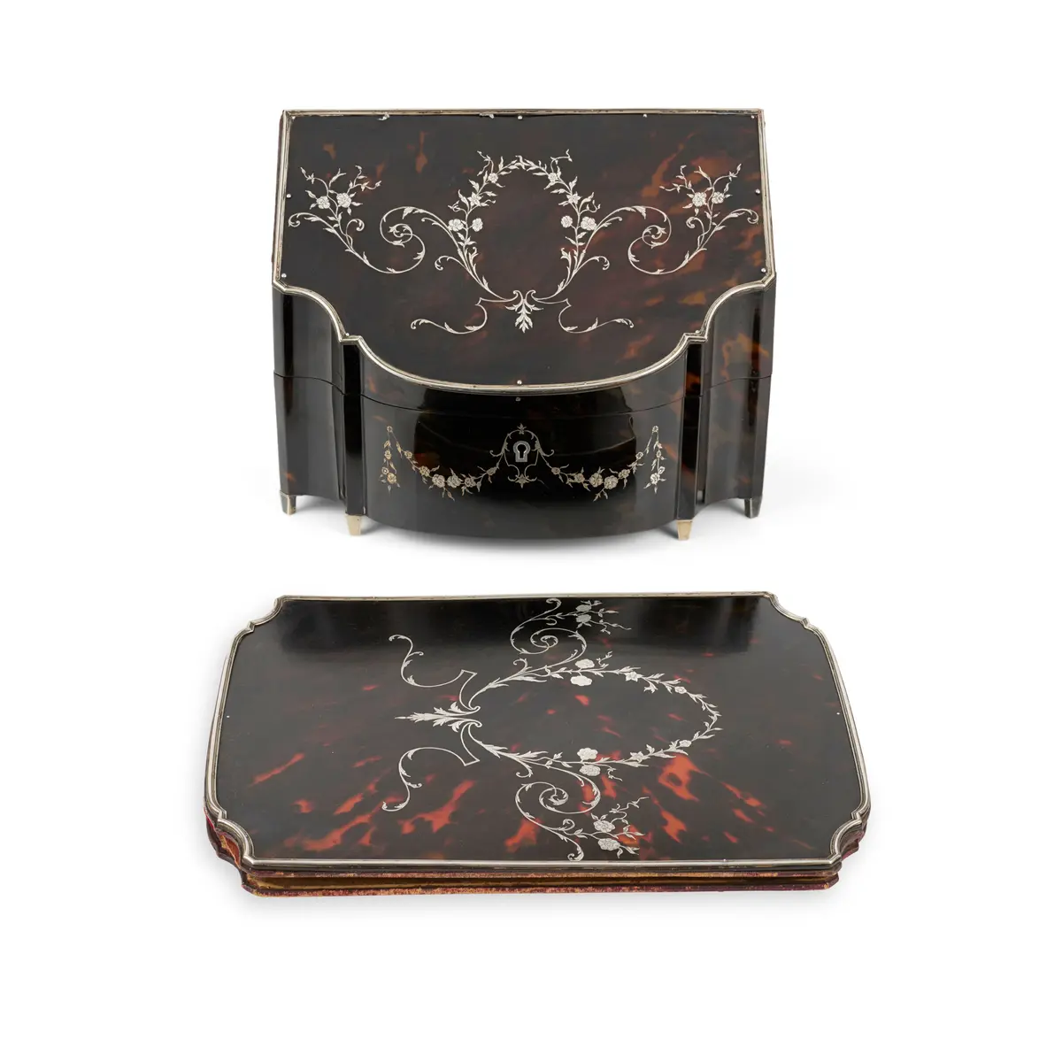 EDWARDIAN TWO PIECE SILVER MOUNTED TORTOISESHELL AND LEATHER DESK SET