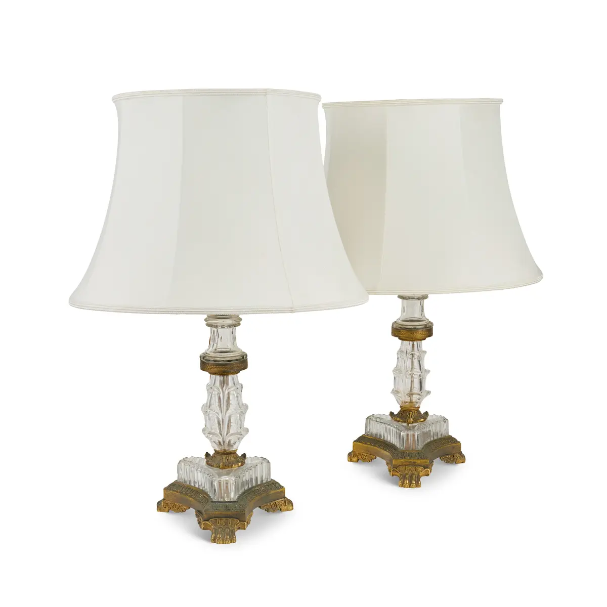 PAIR OF GILT BRASS AND GLASS LAMPS