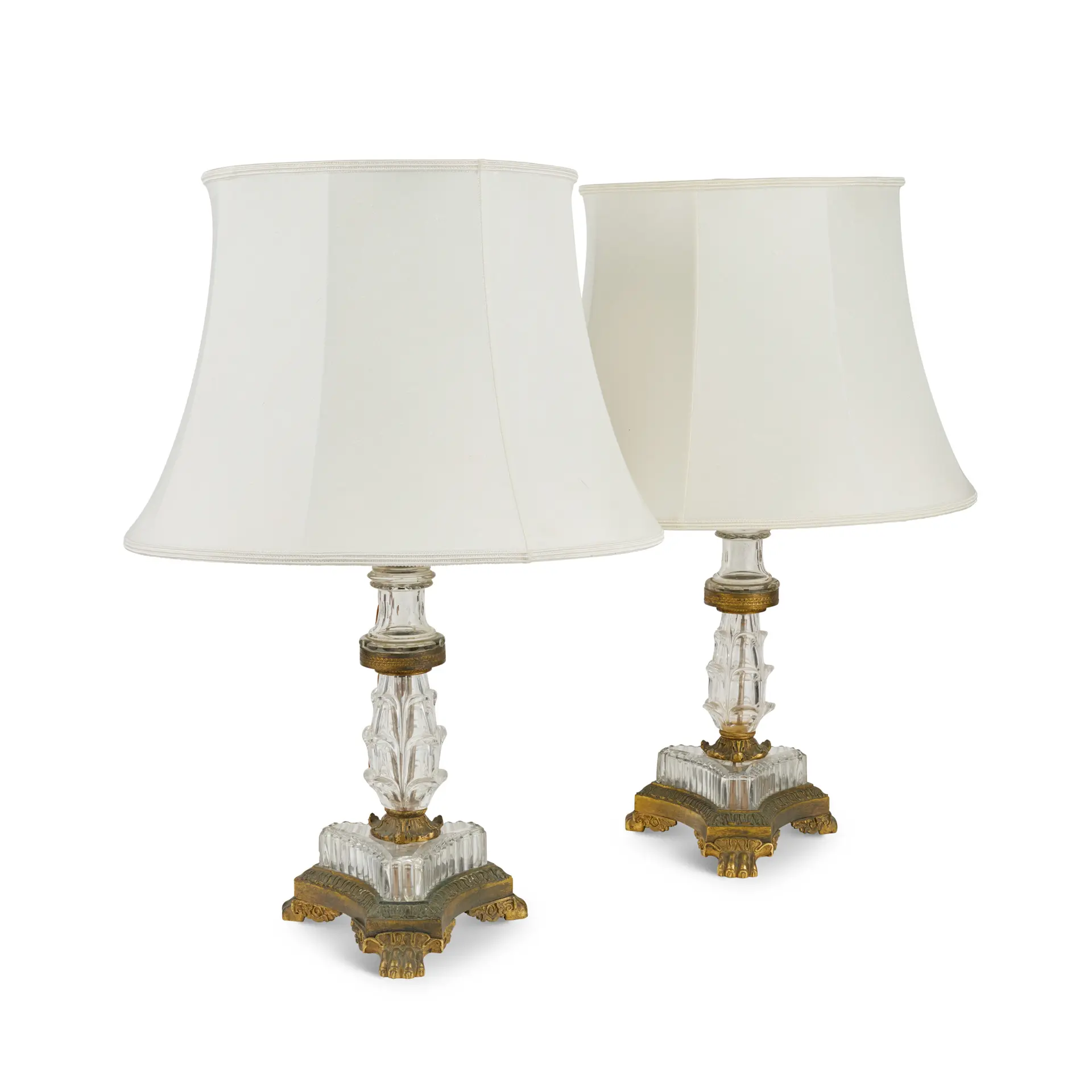 PAIR OF GILT BRASS AND GLASS LAMPS