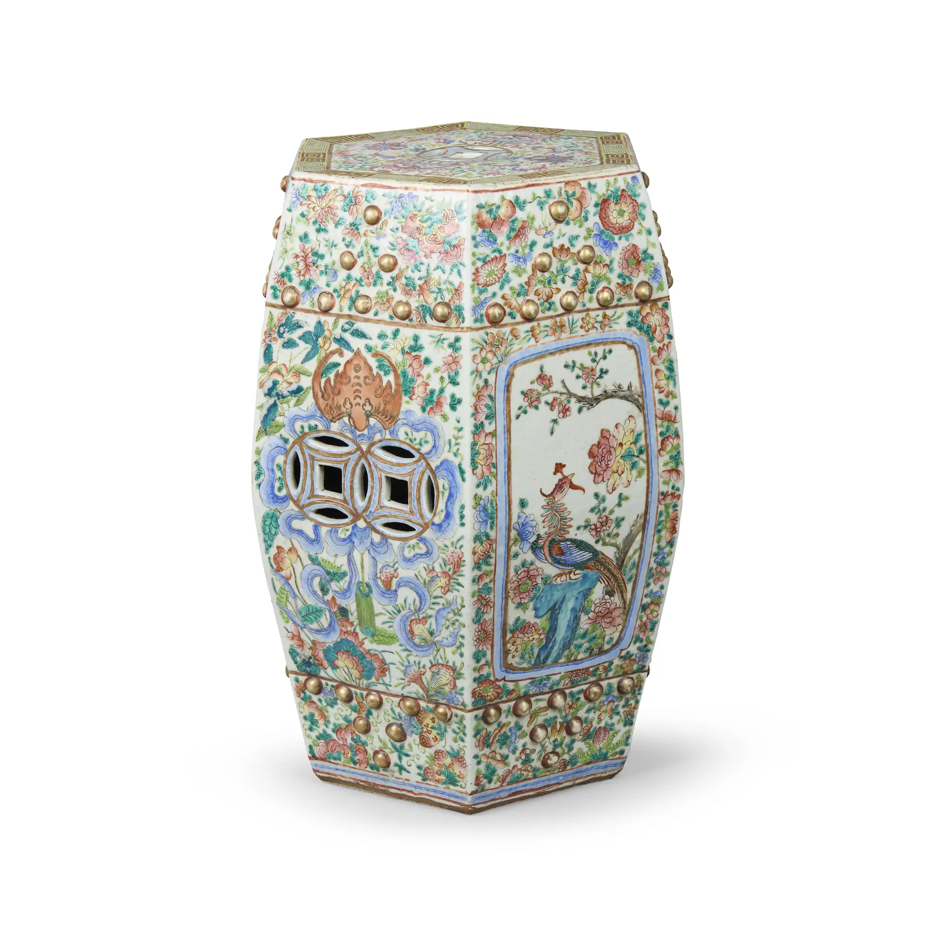 CHINESE FAMILLE ROSE HEXAGONAL 'BIRD AND FLOWER' GARDEN SEAT