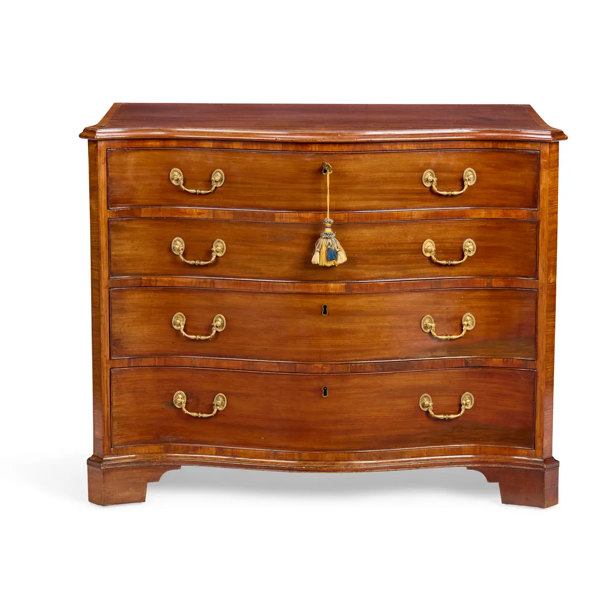 GEORGE III MAHOGANY AND SATINWOOD SERPENTINE CHEST OF DRAWERS