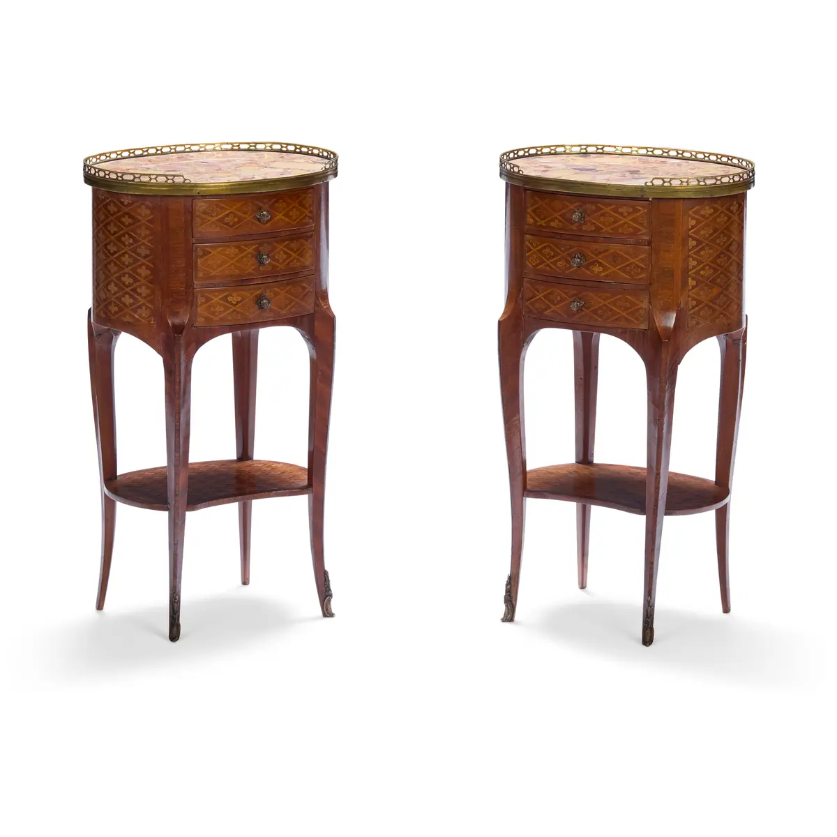 PAIR OF FRENCH KINGWOOD AND FRUITWOOD PARQUETRY MARBLE TOPPED CHIFFONIERES