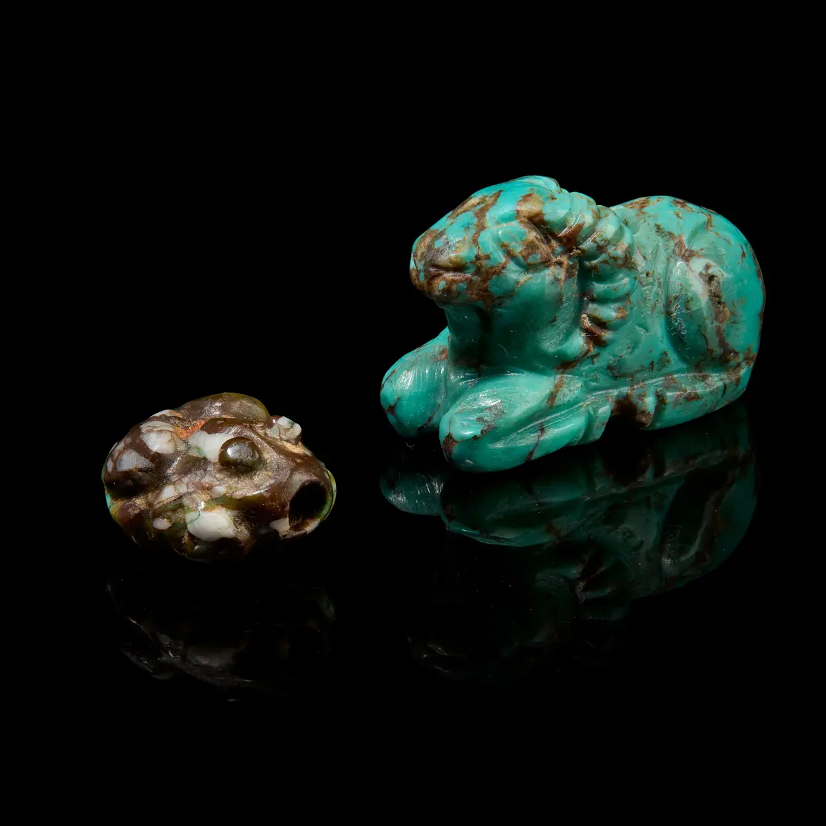 TWO CHINESE TURQUOISE MATRIX CARVINGS OF RAM AND TOAD