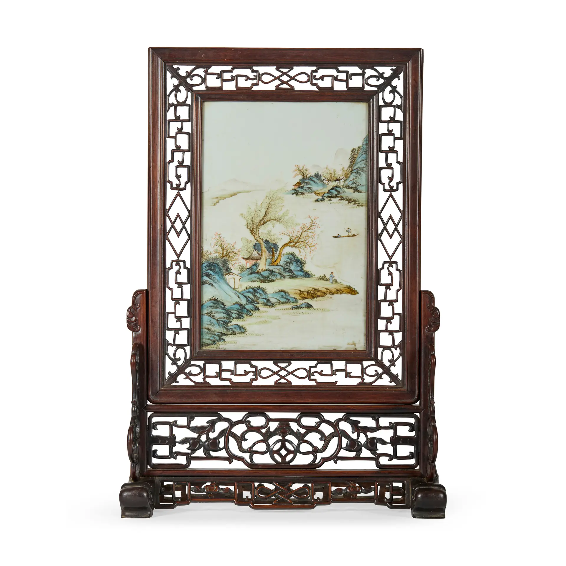 CHINESE FAMILLE ROSE PORCELAIN PLAQUE INSET HARDWOOD TABLE SCREEN
