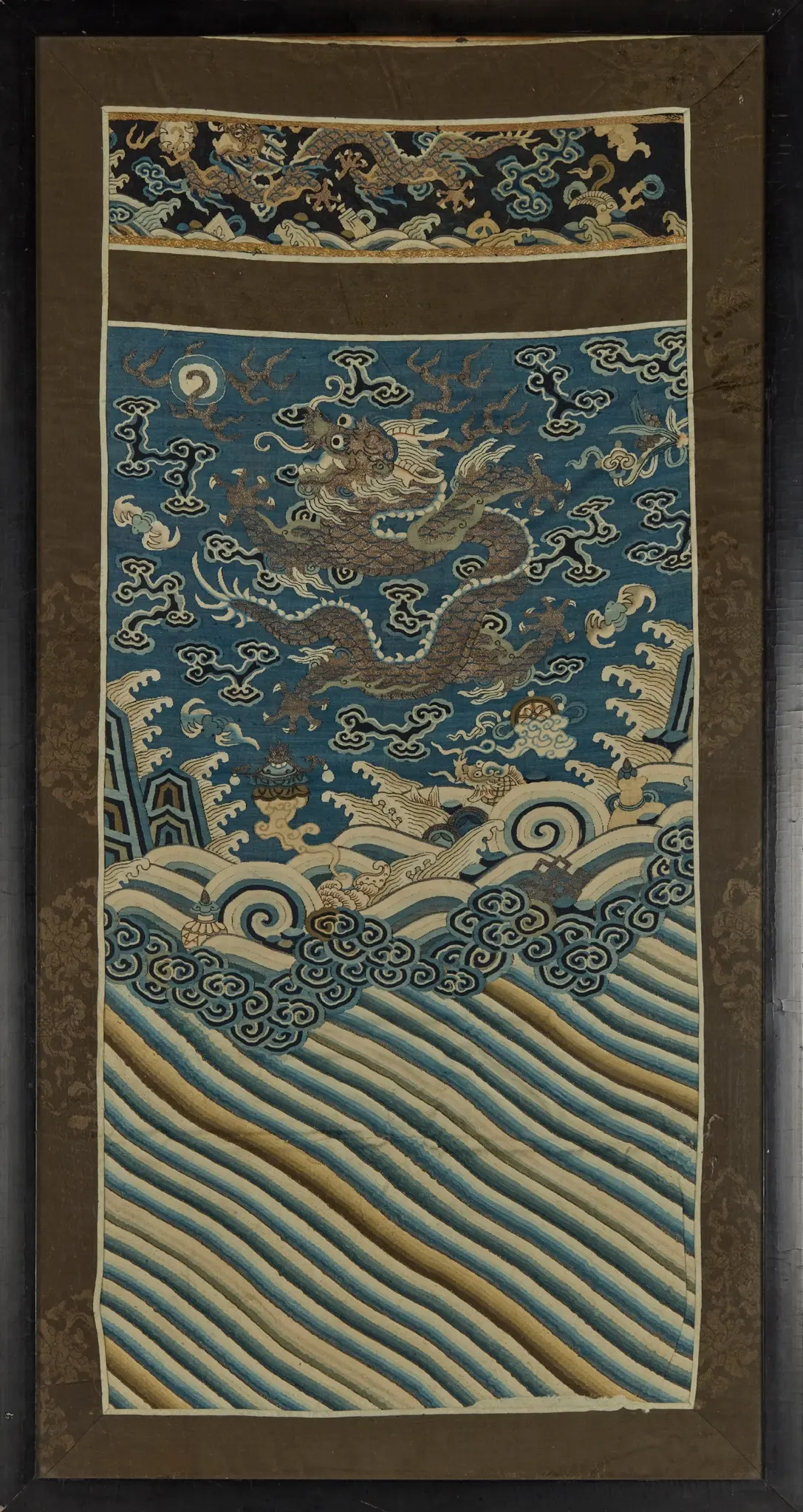 CHINESE SILK KESI BLUE-GROUND 'DRAGON' PANEL