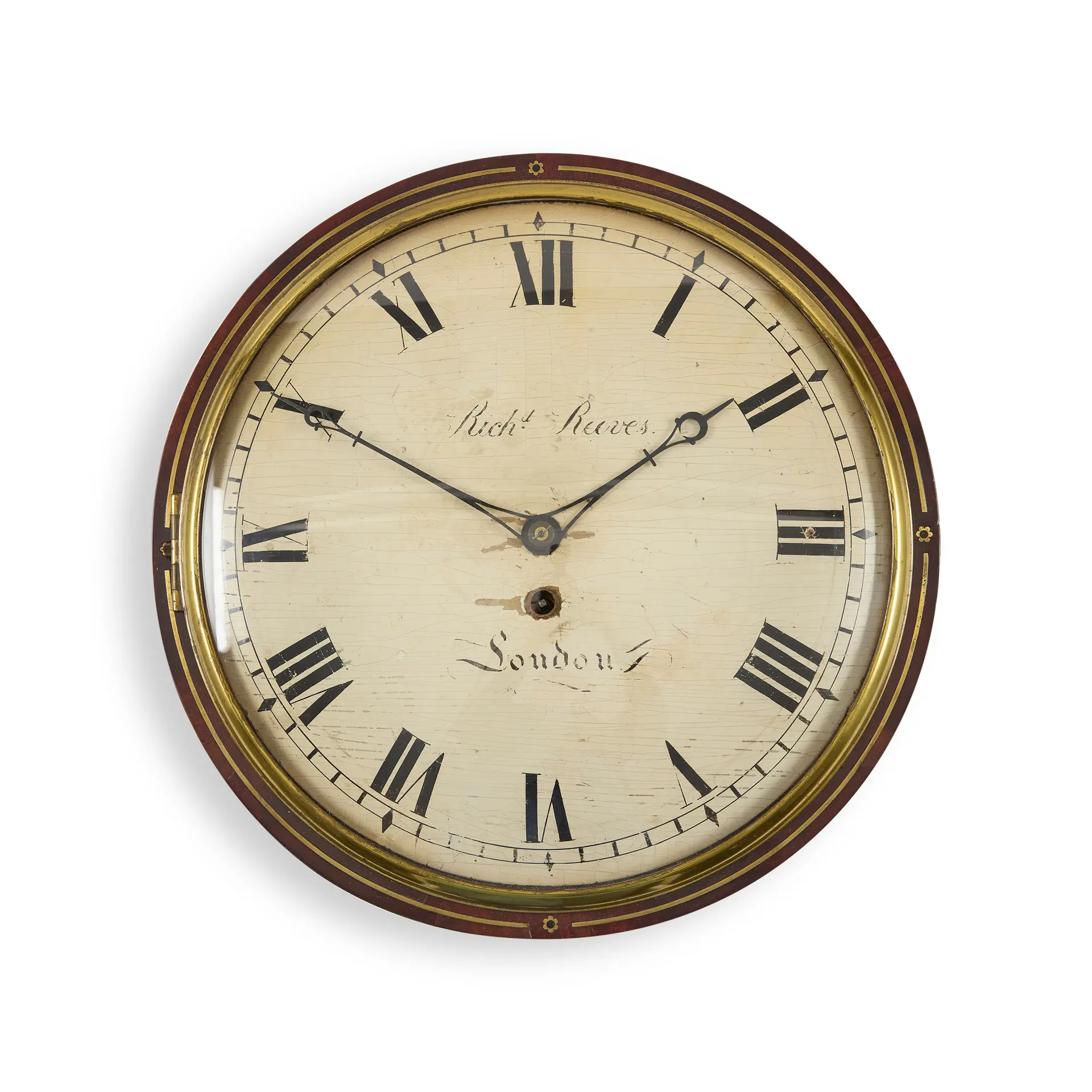 LATE REGENCY BRASS INLAID MAHOGANY WALL DIAL CLOCK, RICHARD REEVES, LONDON