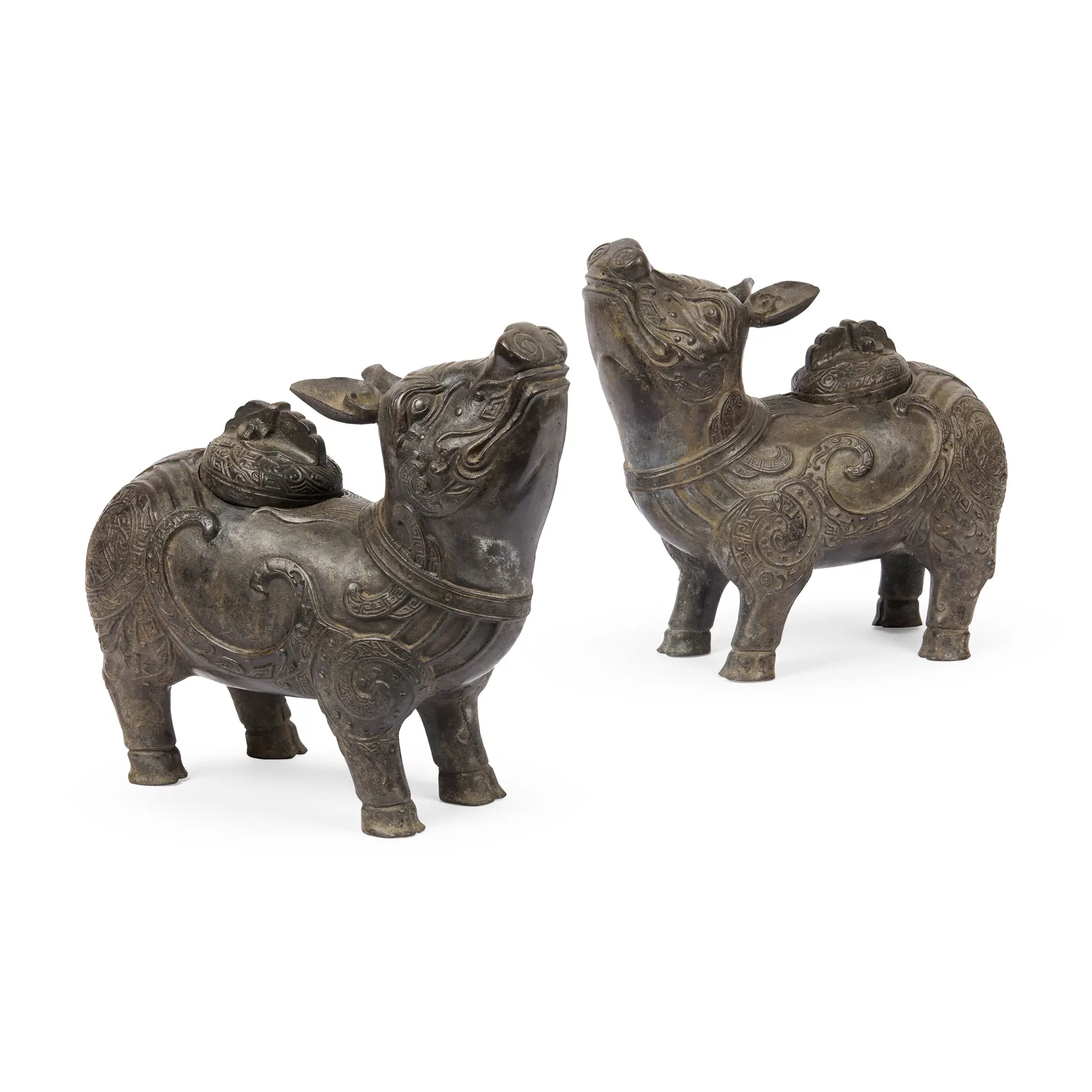 PAIR OF CHINESE ARCHAISTIC BRONZE TAPIR-FORM VESSELS AND COVERS, XIZUN
