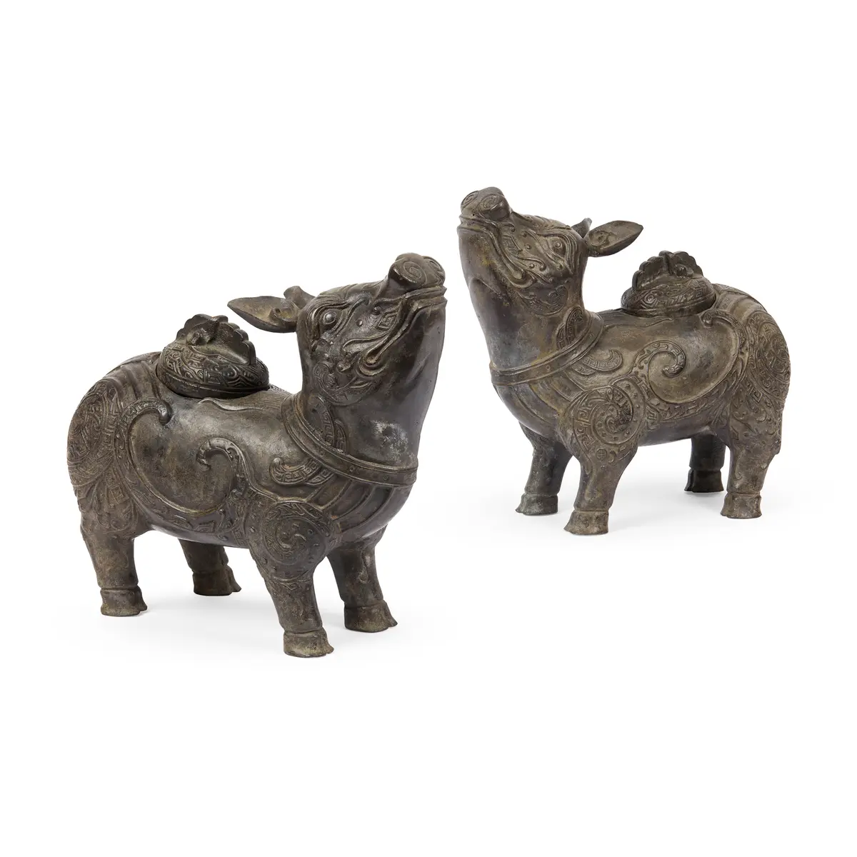 PAIR OF CHINESE ARCHAISTIC BRONZE TAPIR-FORM VESSELS AND COVERS, XIZUN