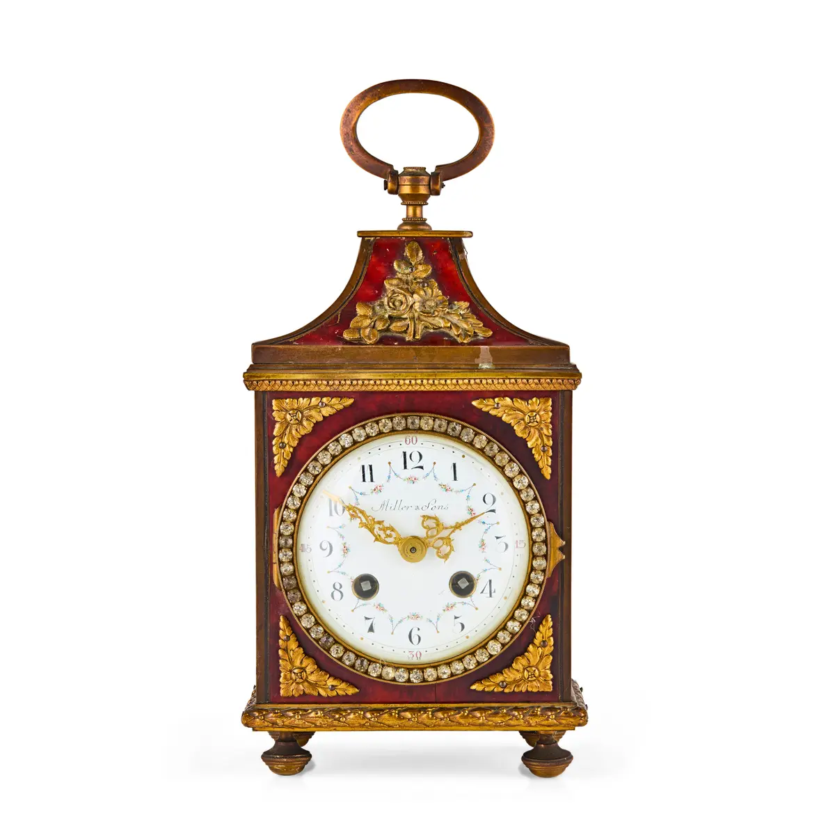 FRENCH RED TORTOISESHELL AND GILT BRONZE MOUNTED PENDULE D’OFFICIER