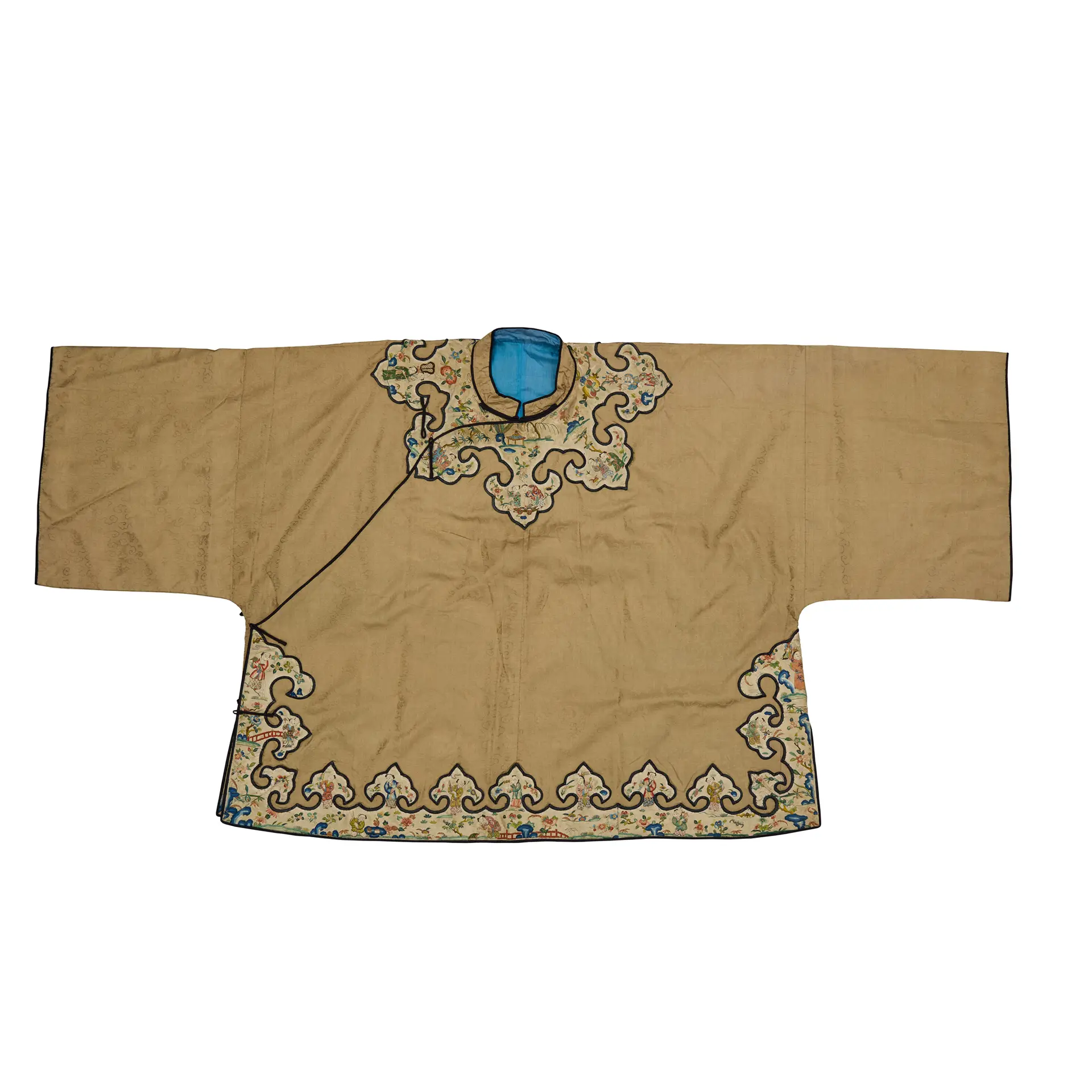 CHINESE CAFE-AU-LAIT-GROUND SILK EMBROIDERED 'BATS' LADY'S SHORT ROBE