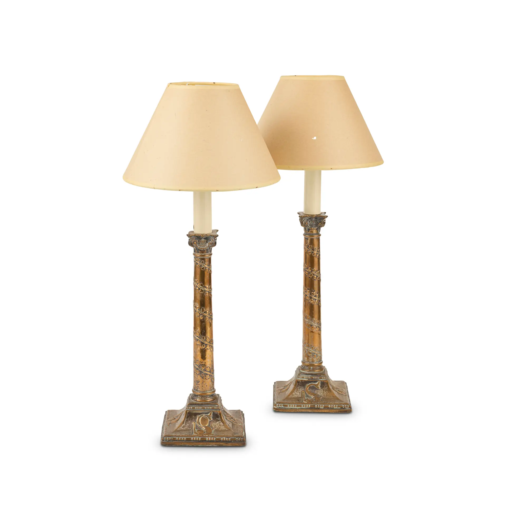PAIR OF OLD SHEFFIELD PLATE COPPER COLUMN CANDLESTICK LAMPS