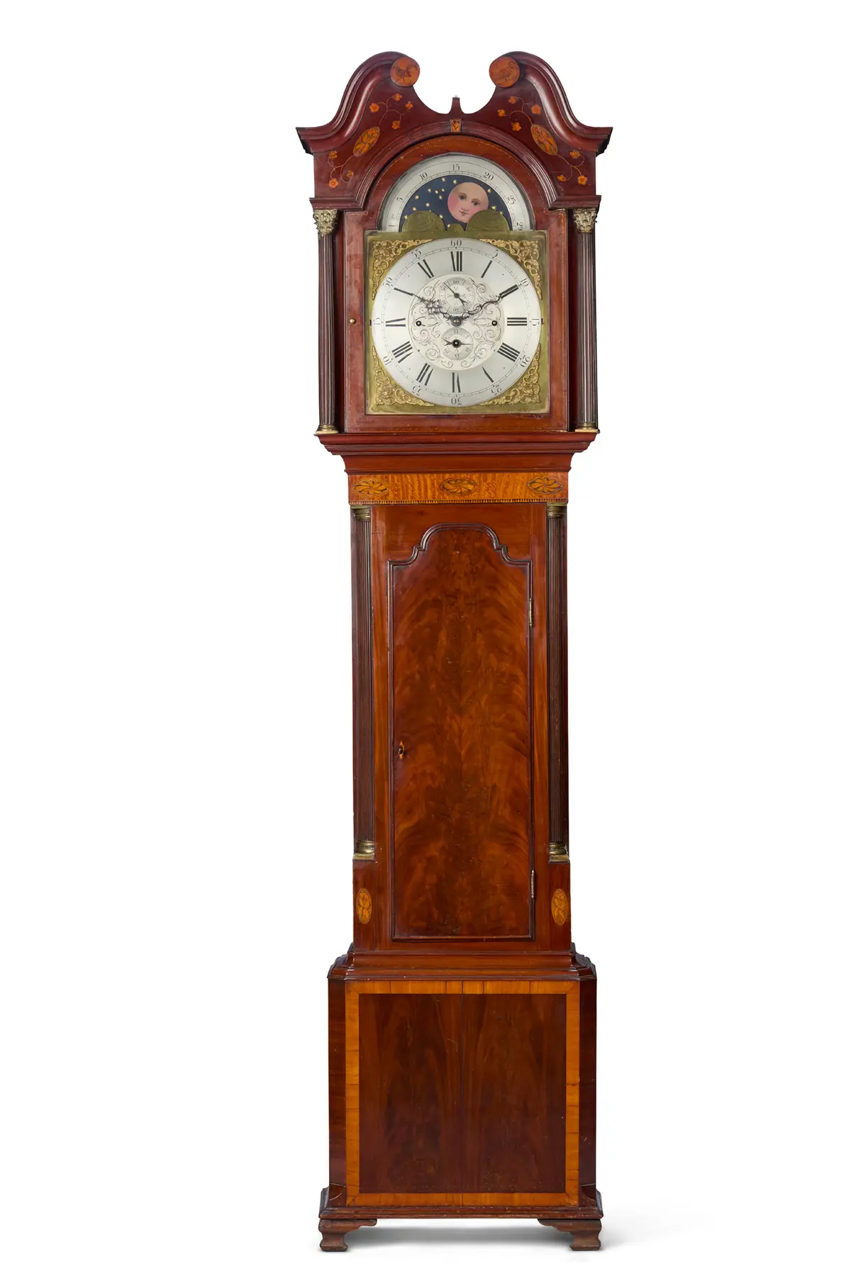 GEORGE III MAHOGANY AND MARQUETRY CHIMING MOONPHASE LONGCASE CLOCK