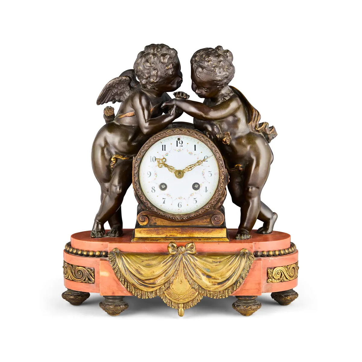 FRENCH BRONZE AND MARBLE FIGURAL MANTEL CLOCK