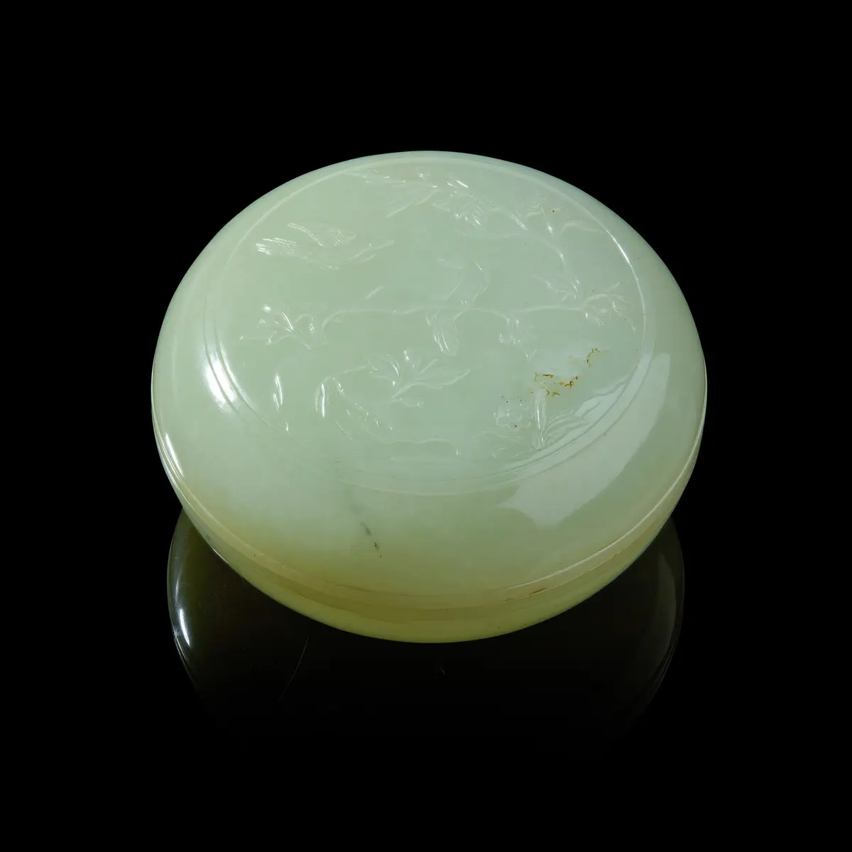 LARGE CHINESE WHITE JADE 'BIRD AND FLOWER' CIRCULAR BOX AND COVER
