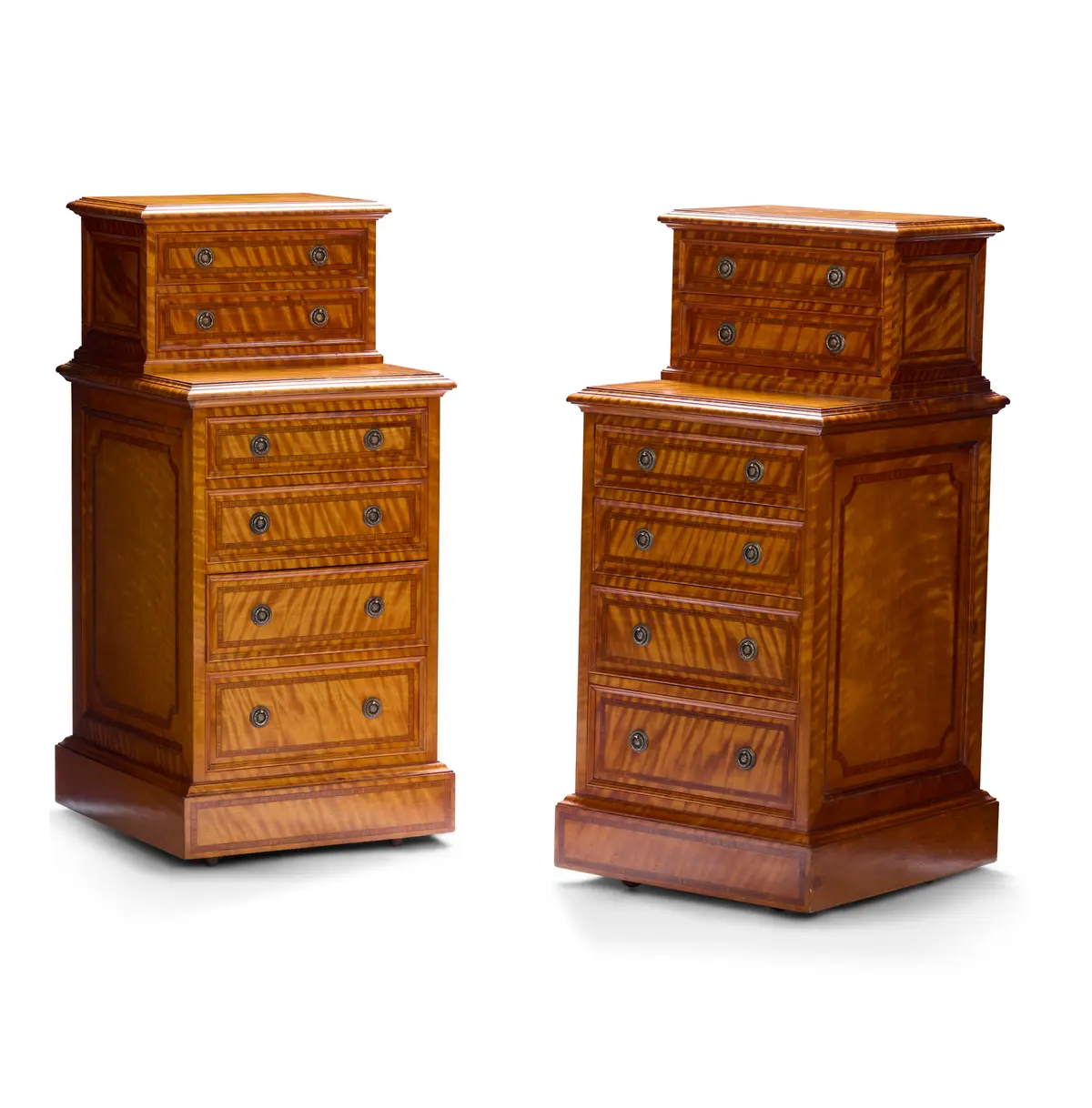 PAIR OF VICTORIAN SATINWOOD, KINGWOOD, AND MAPLE BEDSIDE CHESTS