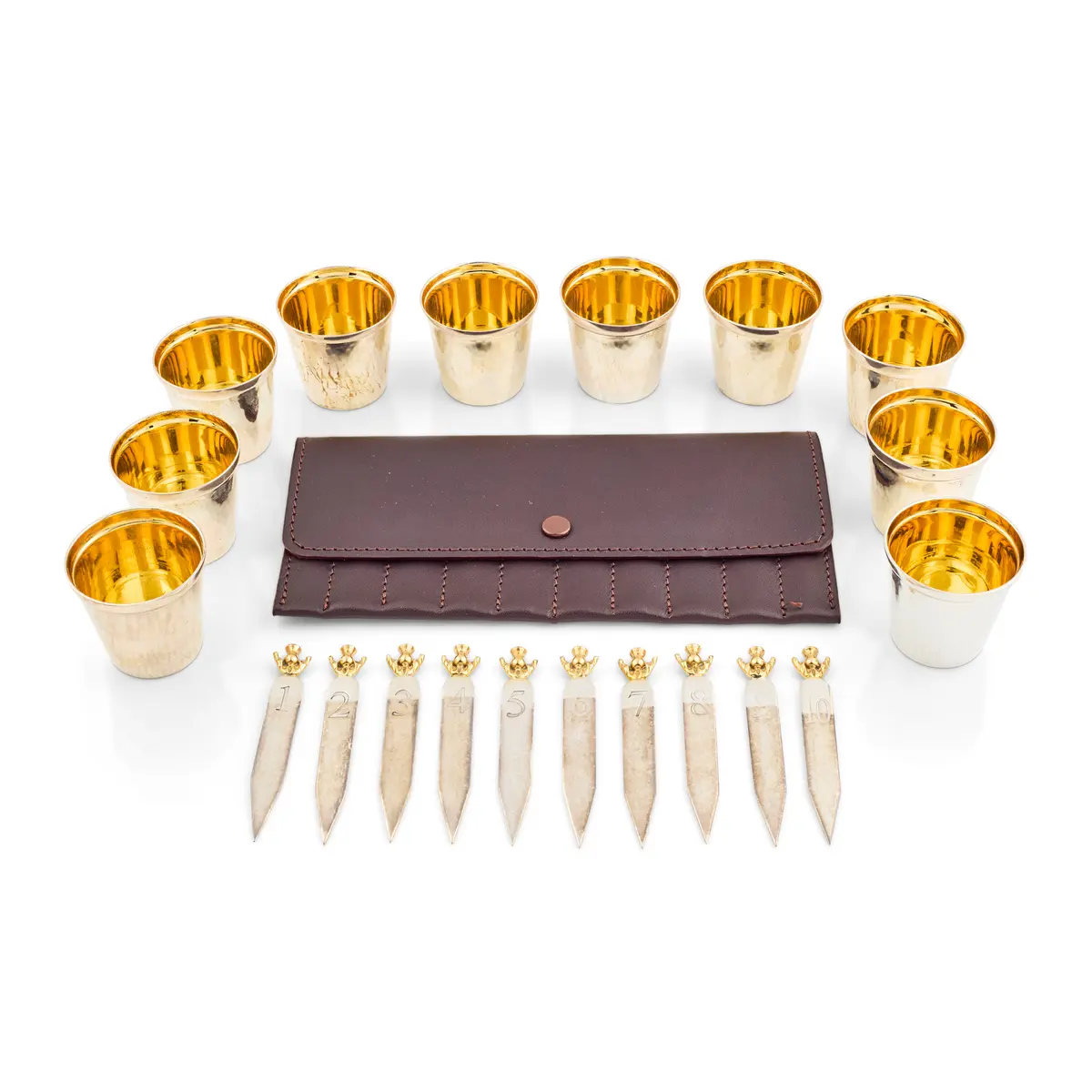 SET OF TEN CONTEMPORARY SILVER TOT CUPS AND CASED PEG MARKERS