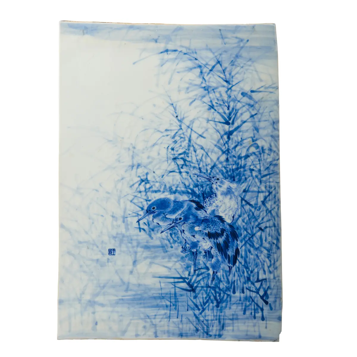 CHINESE BLUE AND WHITE 'EGRET' PORCELAIN PLAQUE