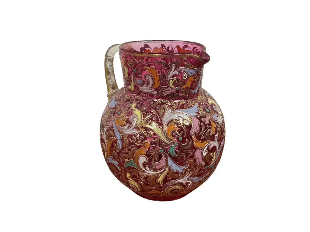 MOSER HARRACH ENAMELLED CRANBERRY GLASS JUG, LATE 19TH CENTURY AND