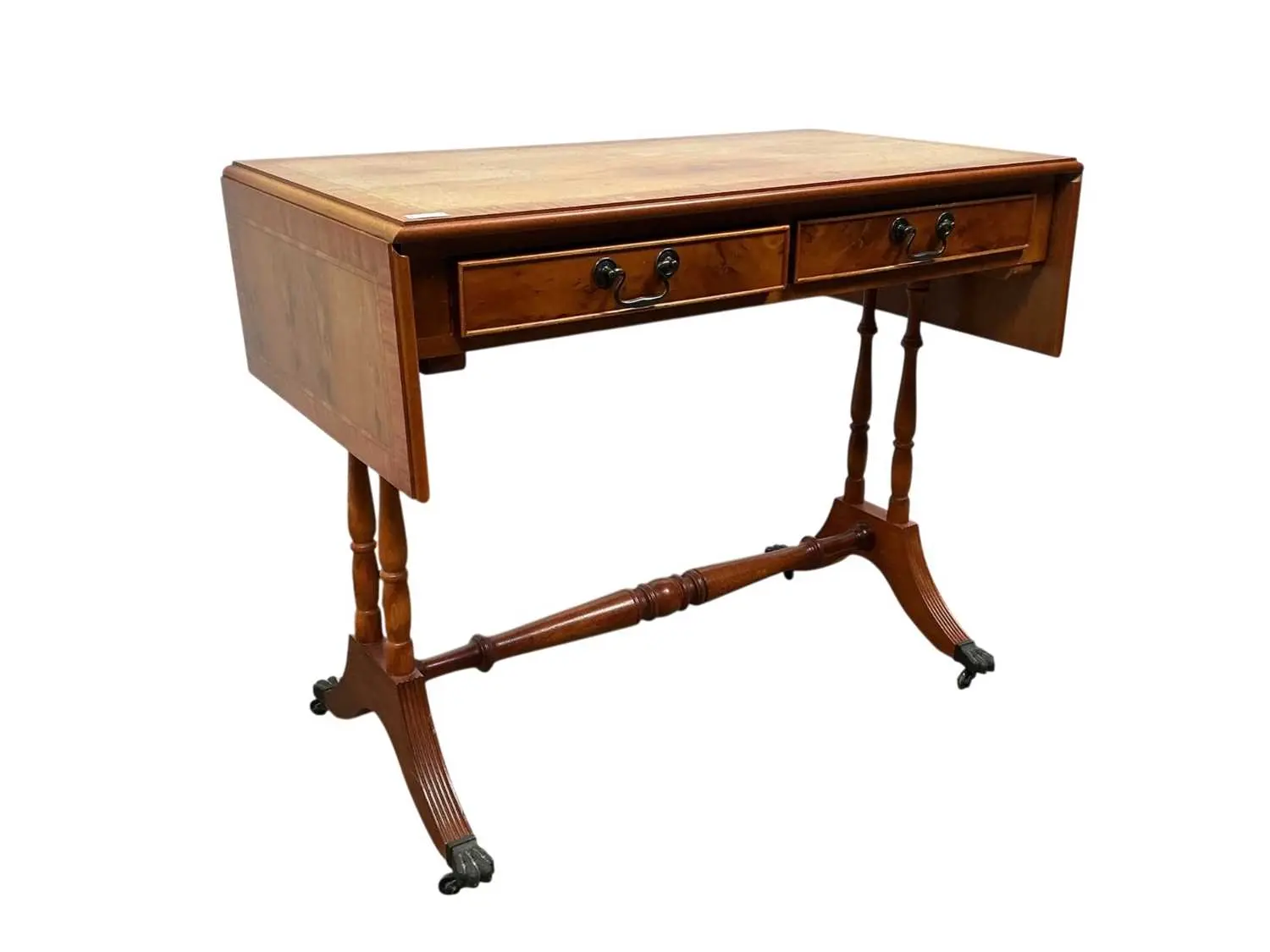 YEW WOOD CROSSBANDED SOFA TABLE LATE 20TH CENTURY