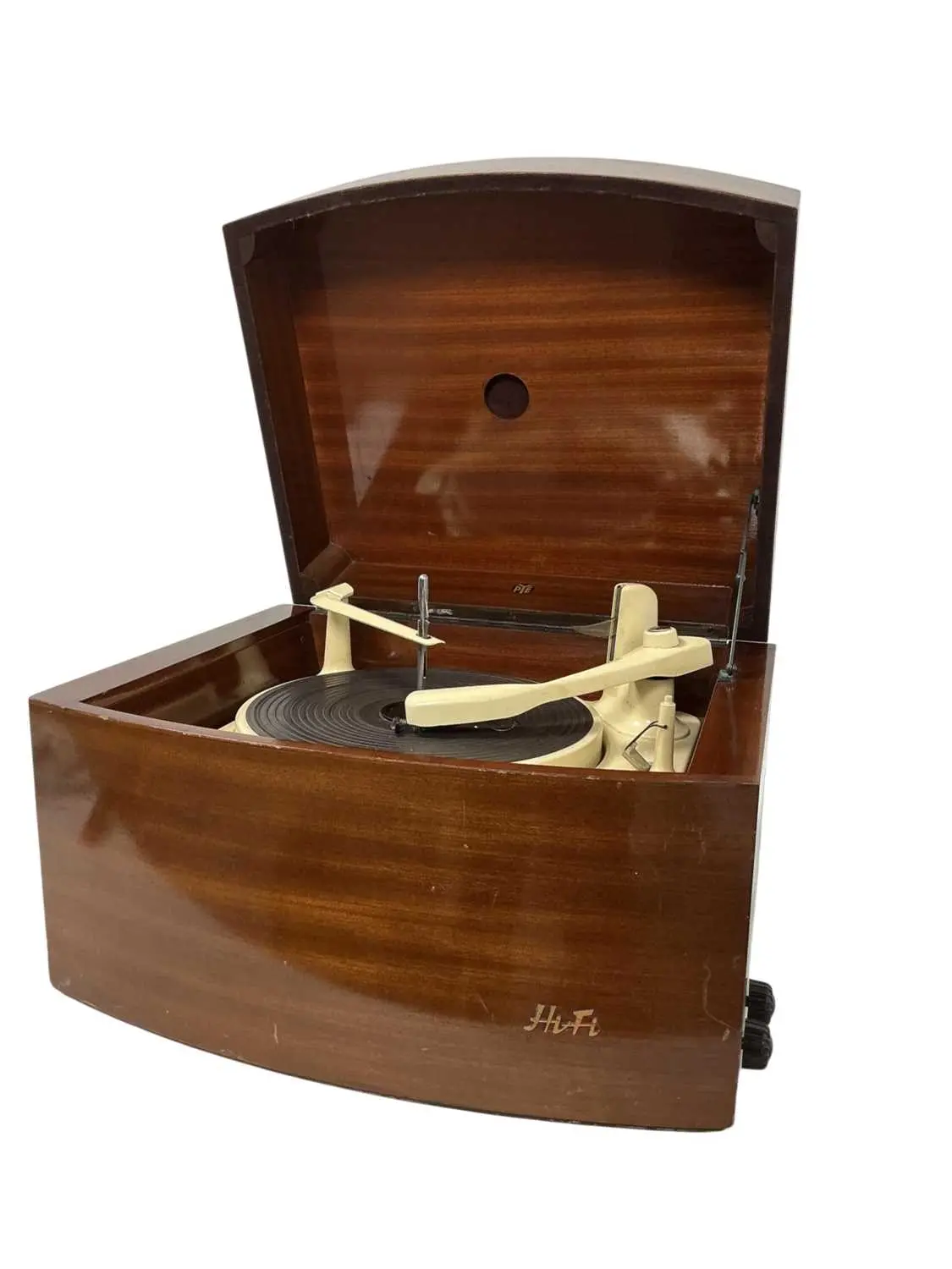 VINTAGE MAHOGANY PYE GRAMOPHONE, MID 20TH CENTURY ALONG WITH A MAHOGANY
