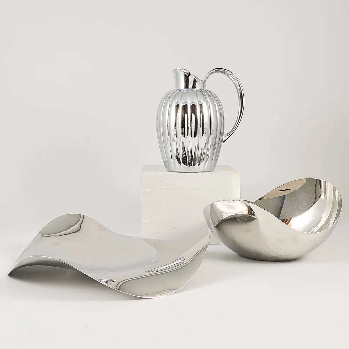 GEORG JENSEN. Skål+fat+termos, rostfritt.