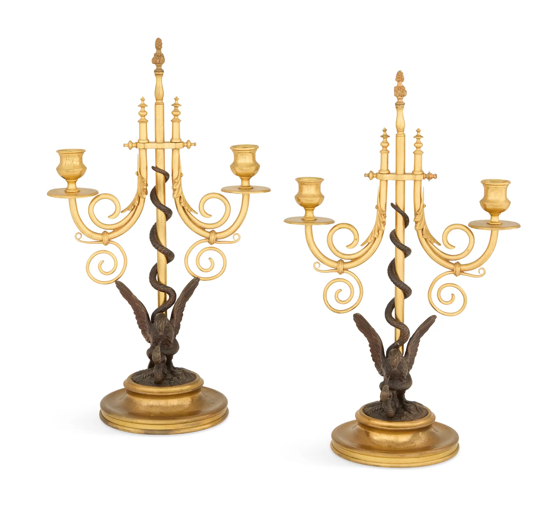 Pair of French Neo-Grec Brass and Patinated Bronze Candelabra