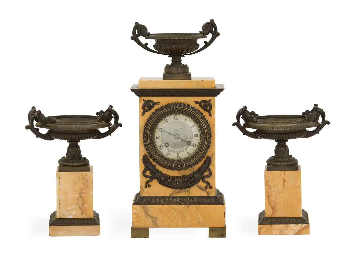 French Bronze Patine and Marble Clock Garniture Set