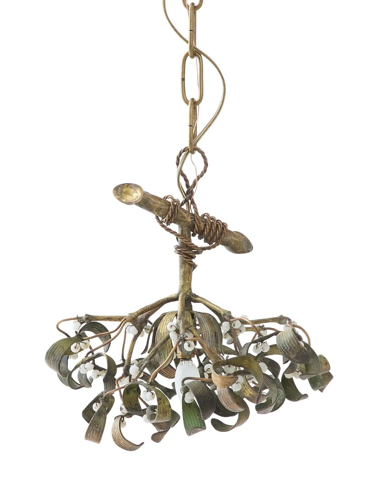 French Bronze and Opaline "Mistletoe" Pendant Light
