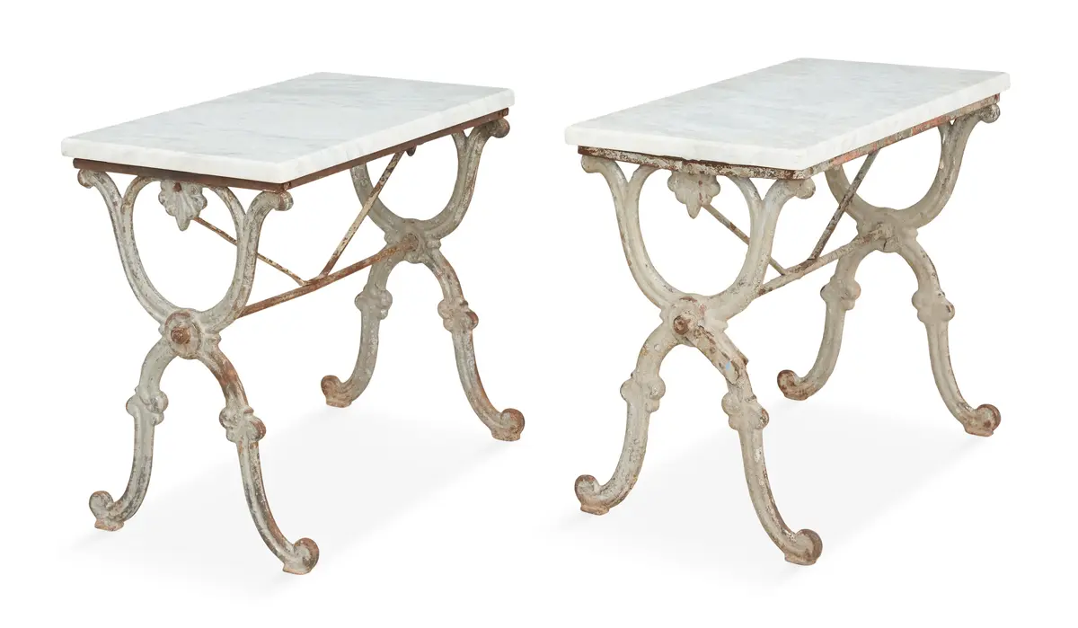 Pair of French Cast-Iron and Marble-Top Garden Tables