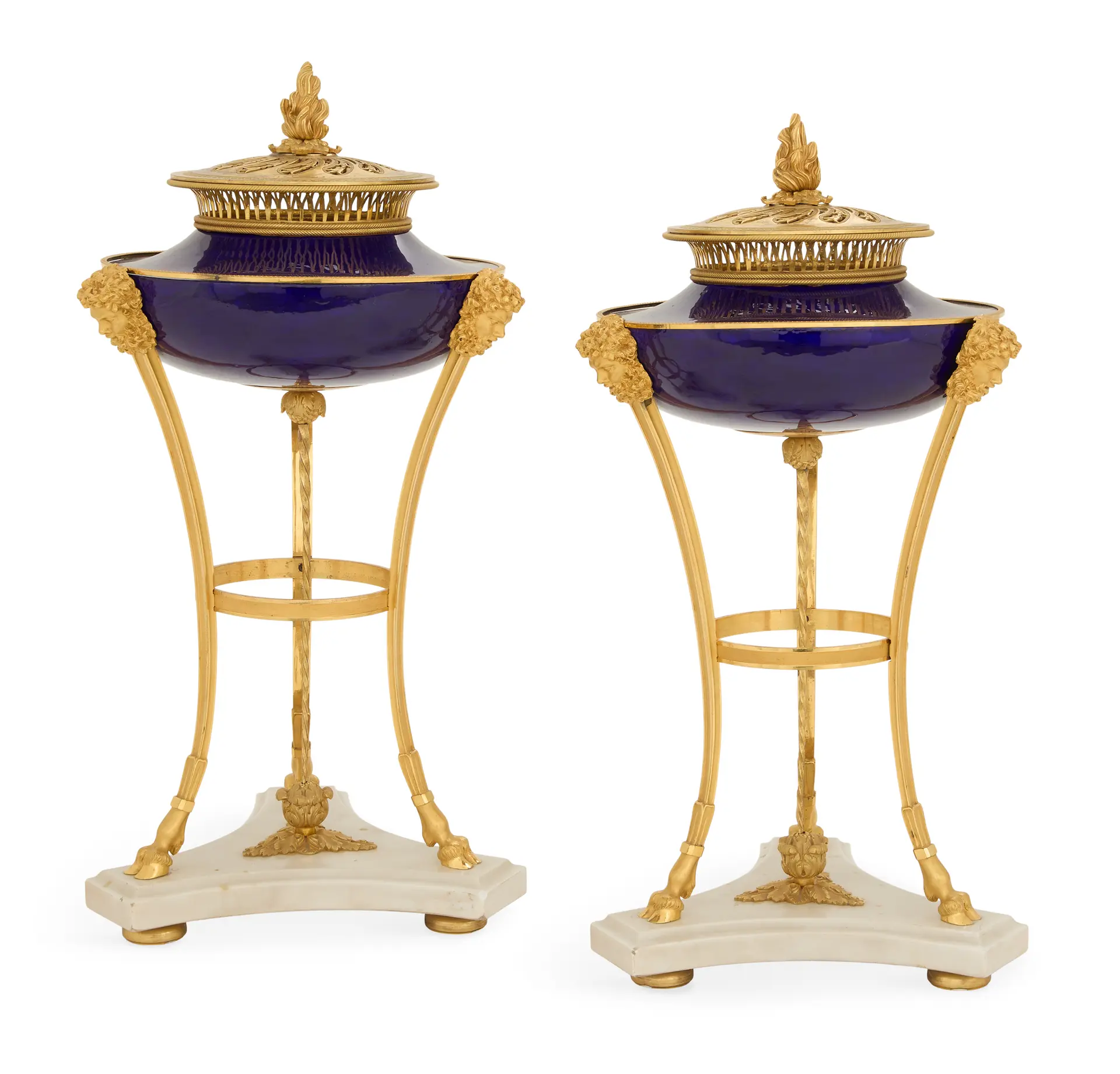 Pair of French Bronze, Porcelain and Marble Potpourri Urns