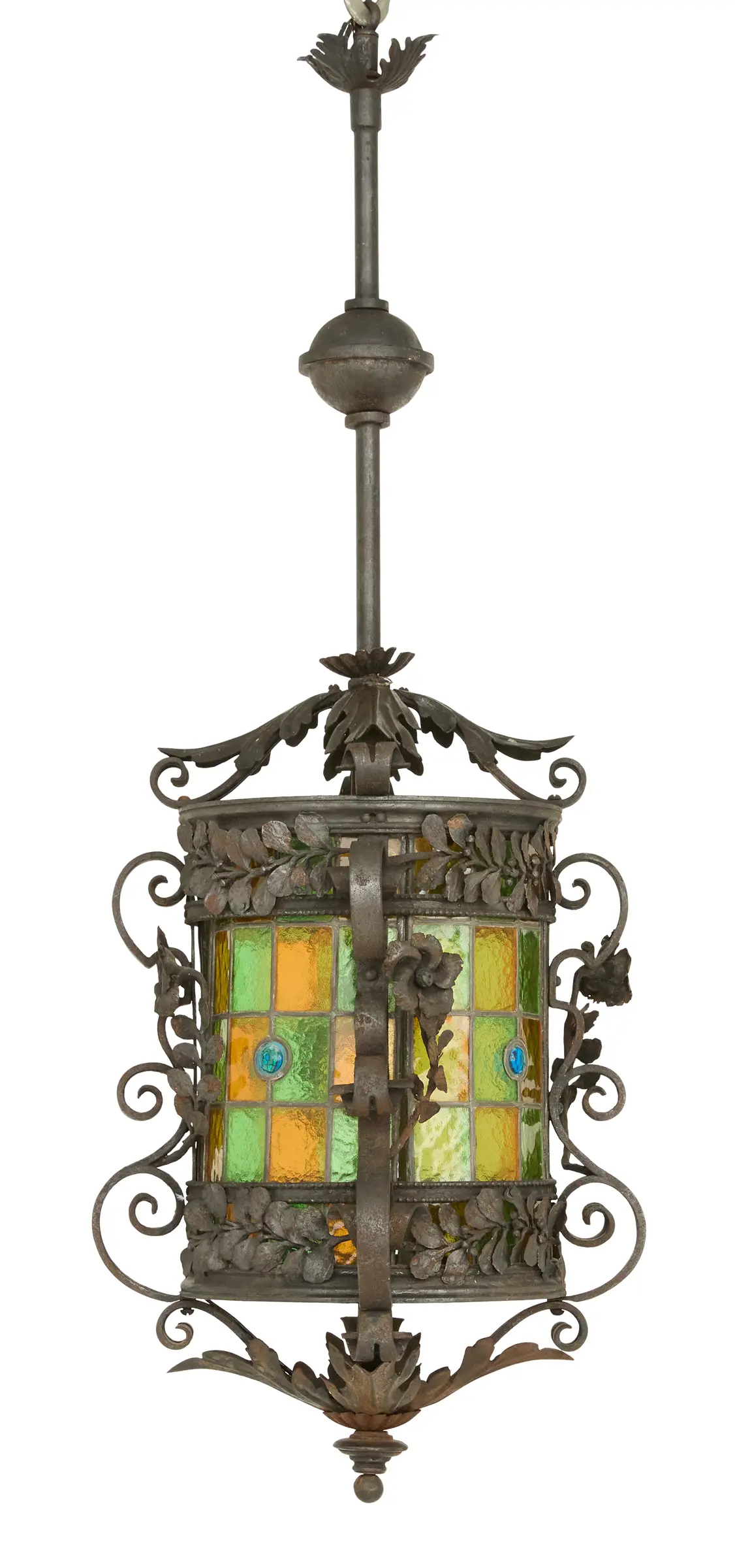 Stained Glass and Patinated Metal Lantern