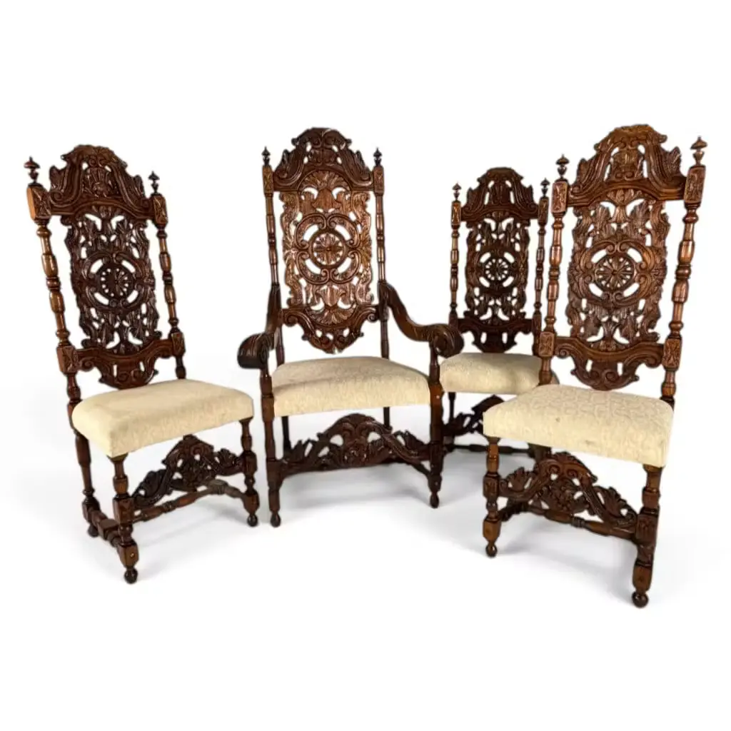 Lot 93: 4 Baroque Revival Carved Walnut Chairs