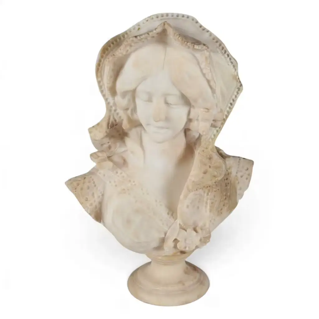 Lot 12: Carved Stone Bust of a Woman in Lace Bonnet