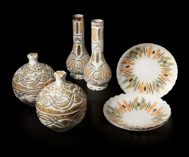A group of six pieces of cut glass Beykoz gilt and...