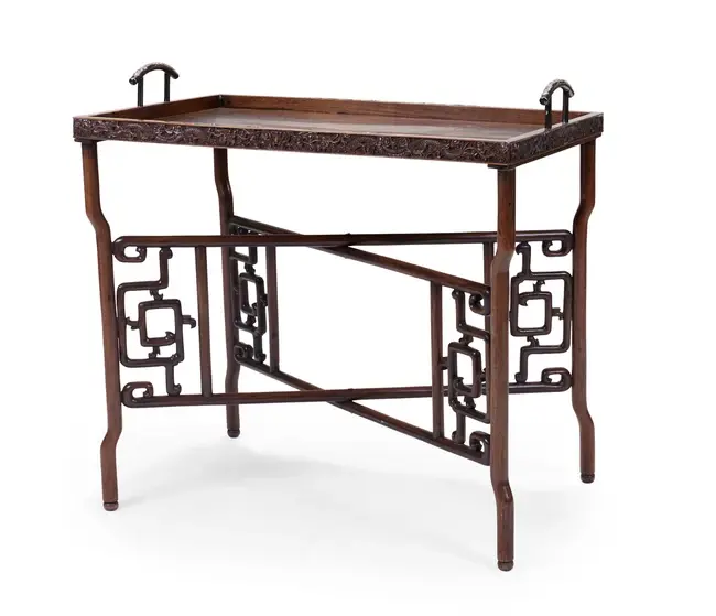 A Chinese huanghuali silver inlaid tray top folding table...