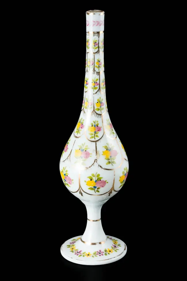 An elongated pyriform Beykoz white opaline glass sprinkler