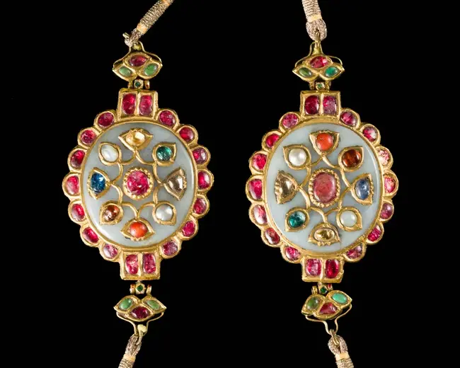 Two enamelled foiled hardstones inset jade navratna bazubands