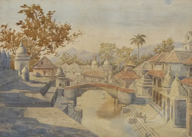 Two rare early watercolours of Nepal: The valley of Khatmandoo; and Pushpatti