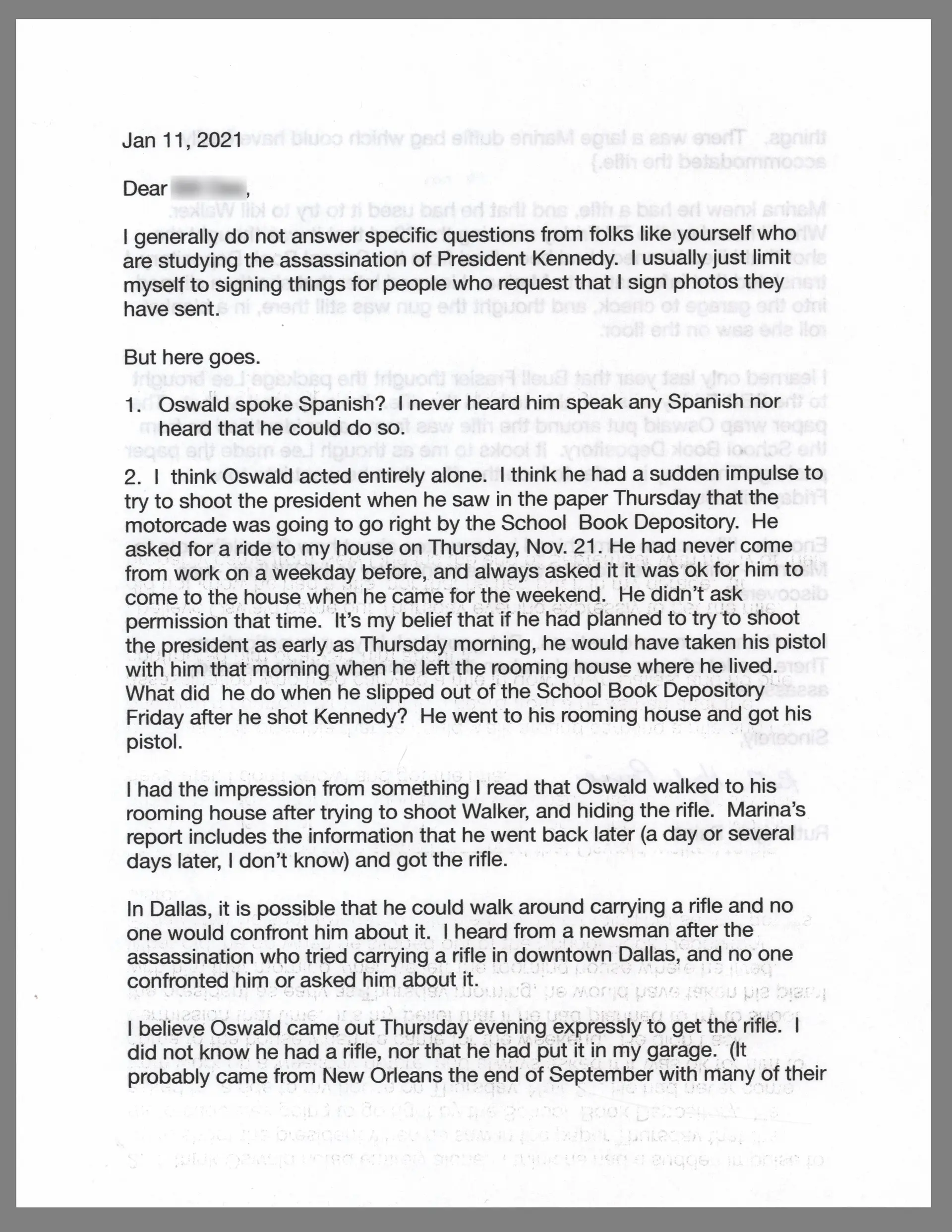 Lee Harvey Oswald: Ruth Paine Typed Letter Signed on Oswald’s Actions