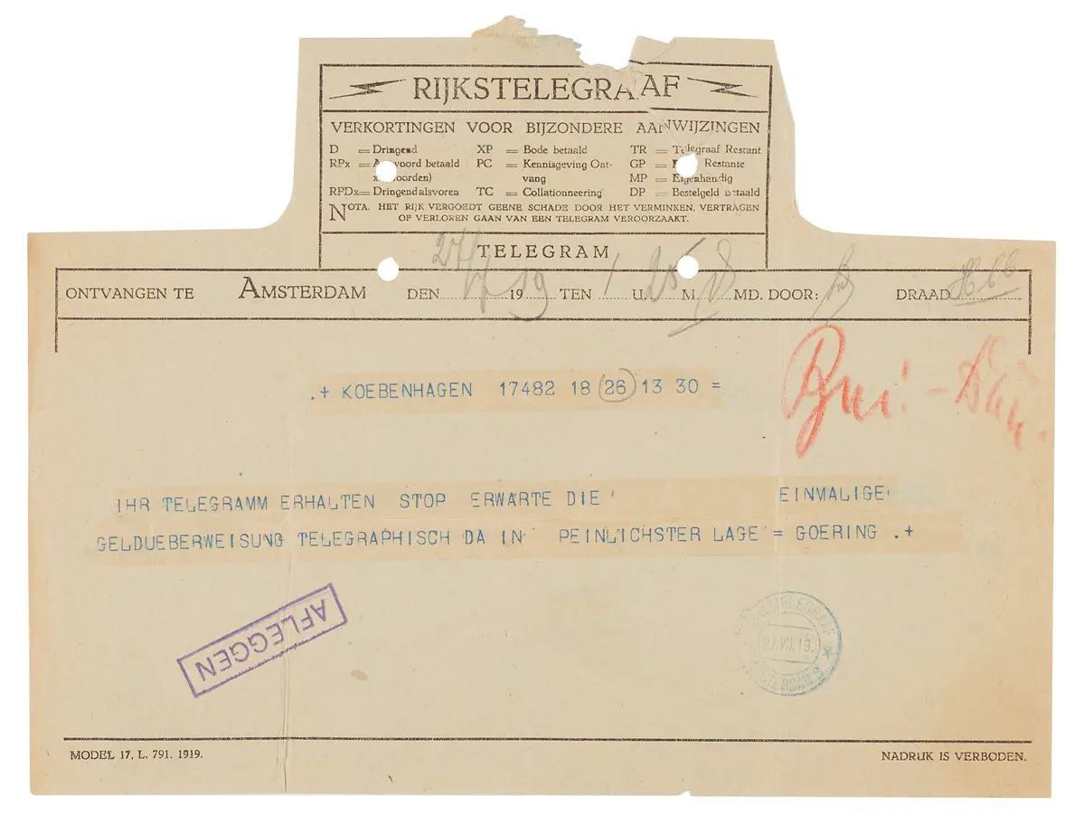 Hermann Göring Telegram to Anthony Fokker, Seeking Relief of Financial Distress
