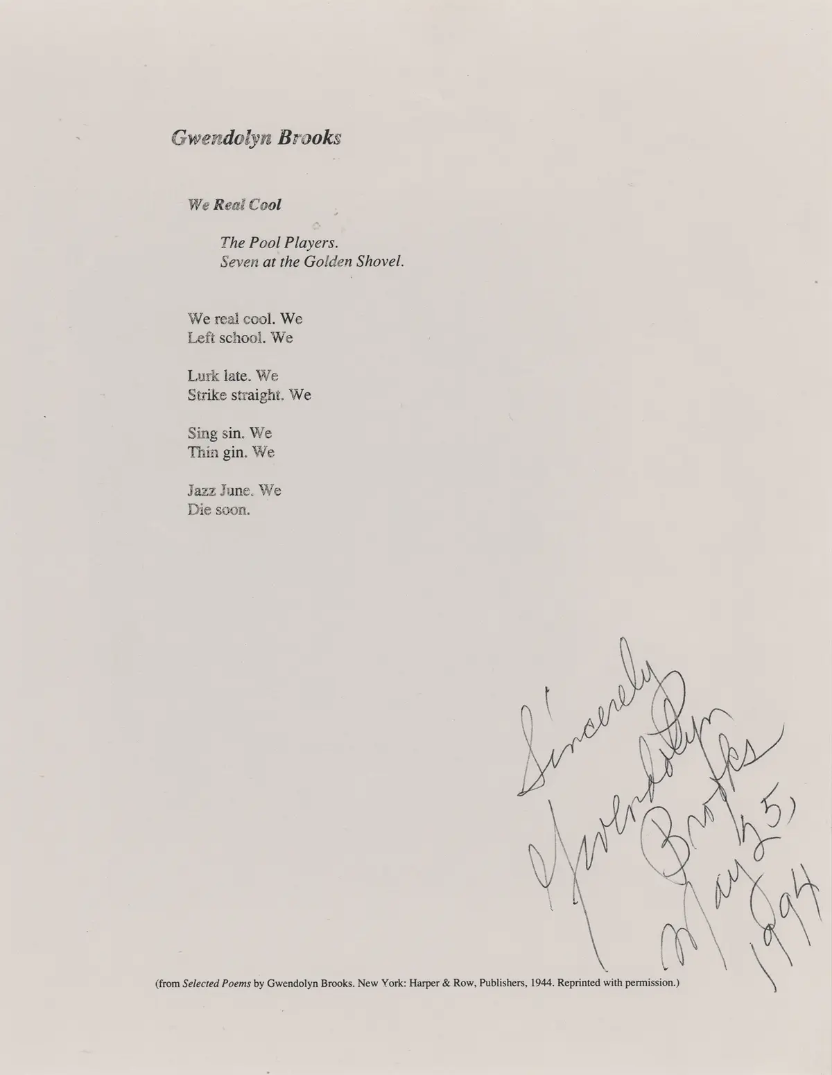 Gwendolyn Brooks Signed Souvenir Typescript - 'We Real Cool'